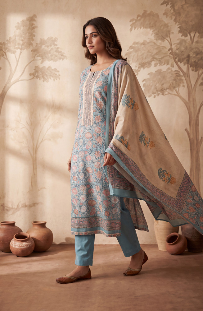 Image of Blue Mustard Silk Unstitched Suit Set with Beautiful Dupatta - 972-WETSL1102-2B