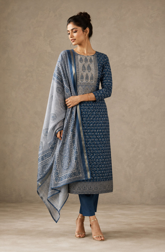 Image of Blue Chanderi Silk Unstitched Suit Set with Beautiful Dupatta - 944-1378A