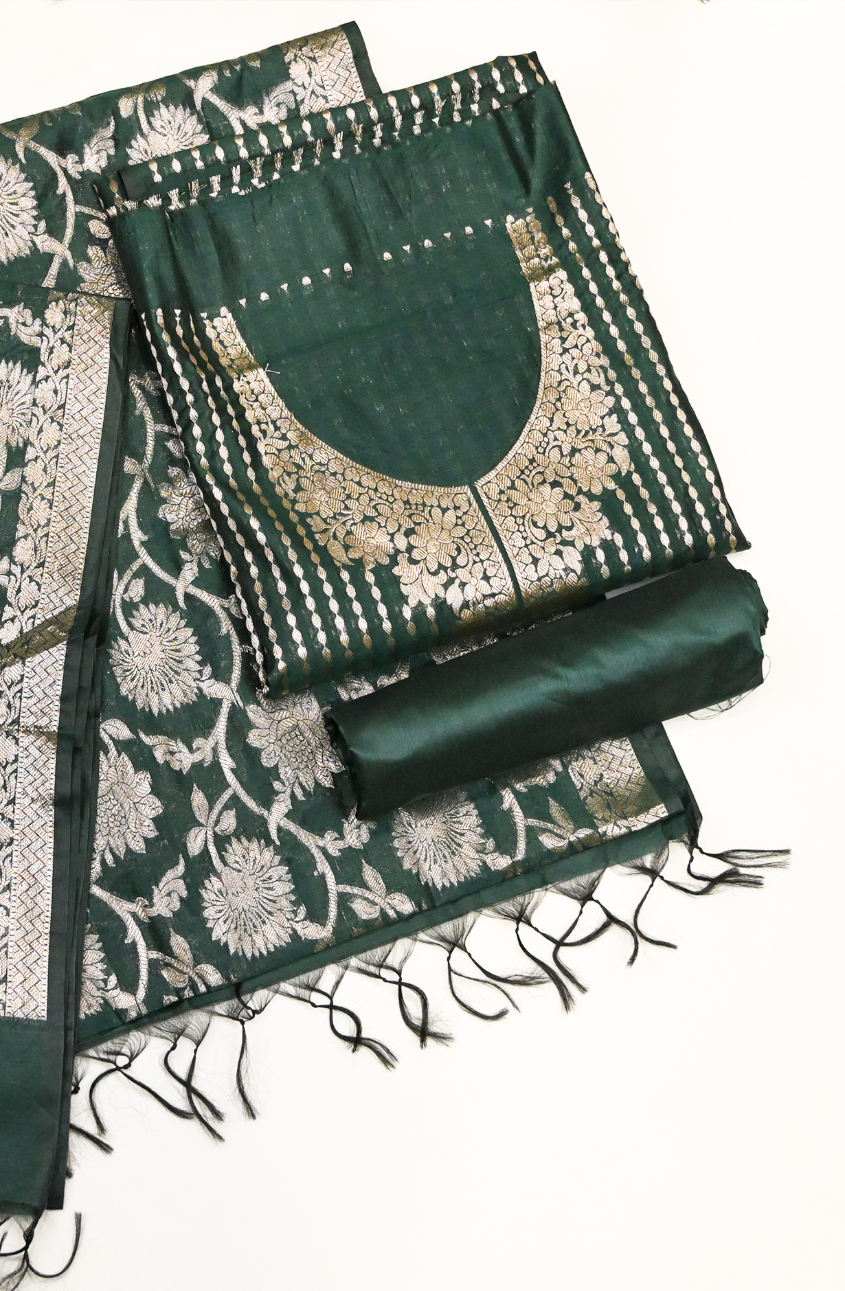Bottle Green Banarsi Suit Set with Dupatta - 1021-NMRNCK-1G