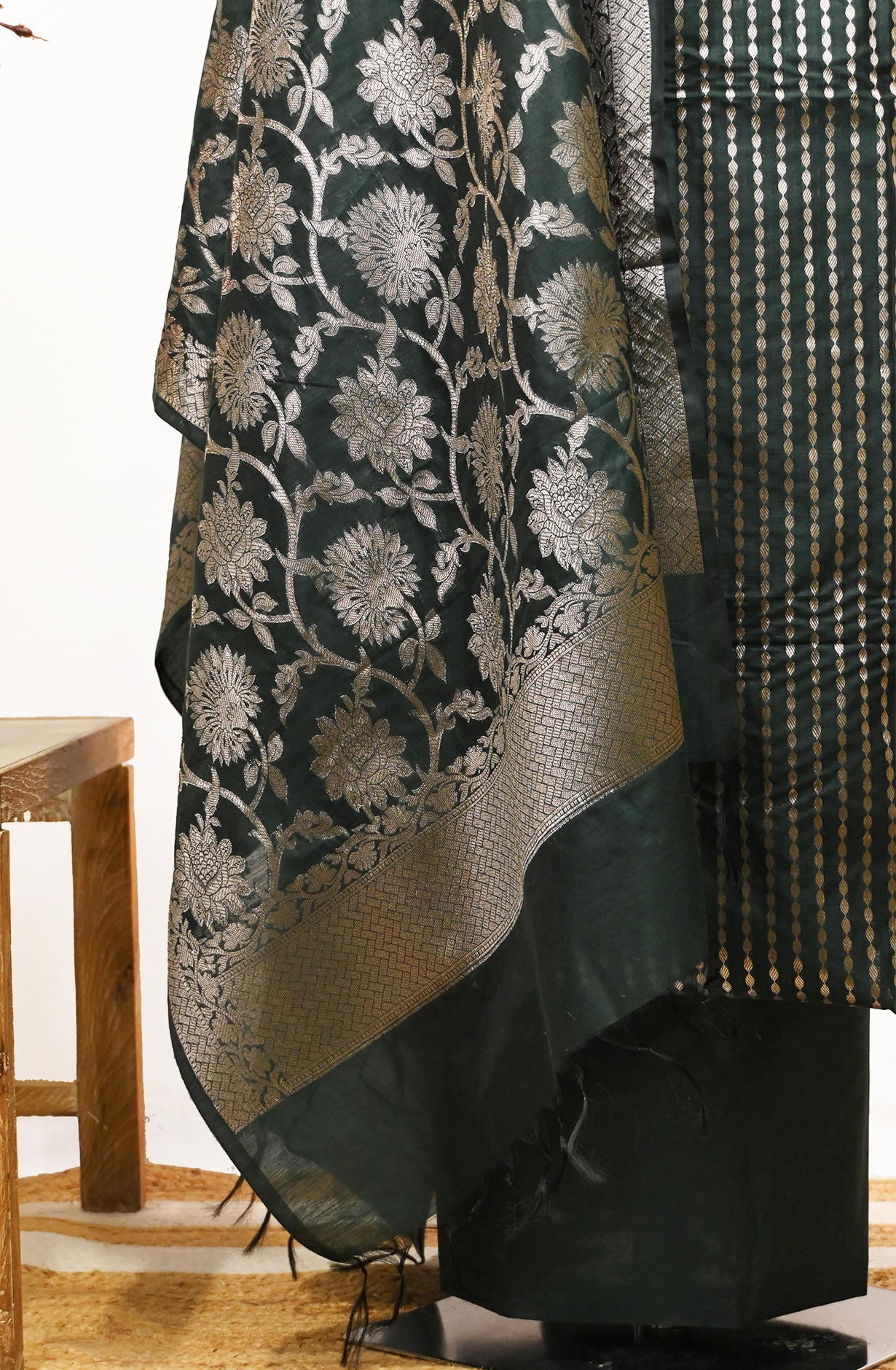 Bottle Green Banarsi Suit Set with Dupatta - 1021-NMRNCK-1G