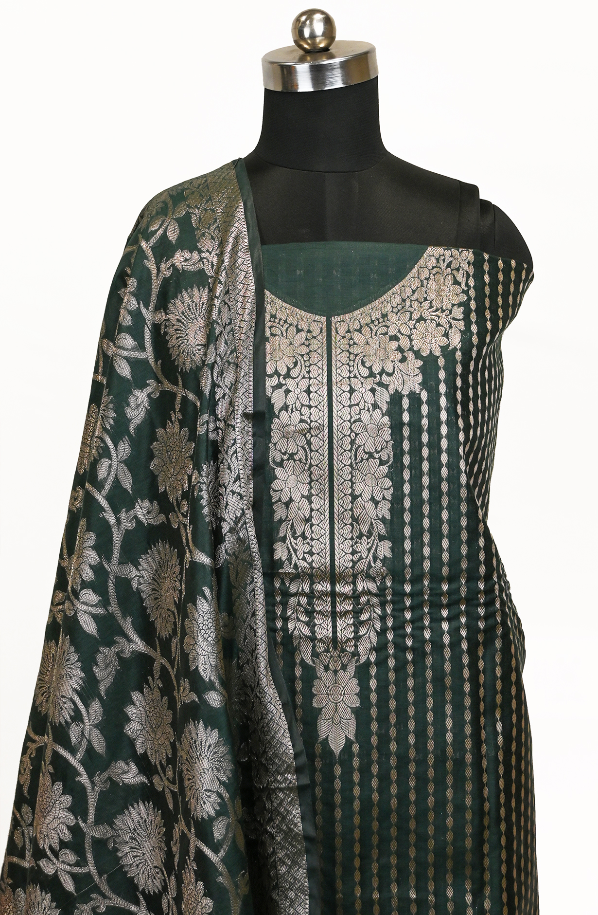 Bottle Green Banarsi Suit Set with Dupatta - 1021-NMRNCK-1G