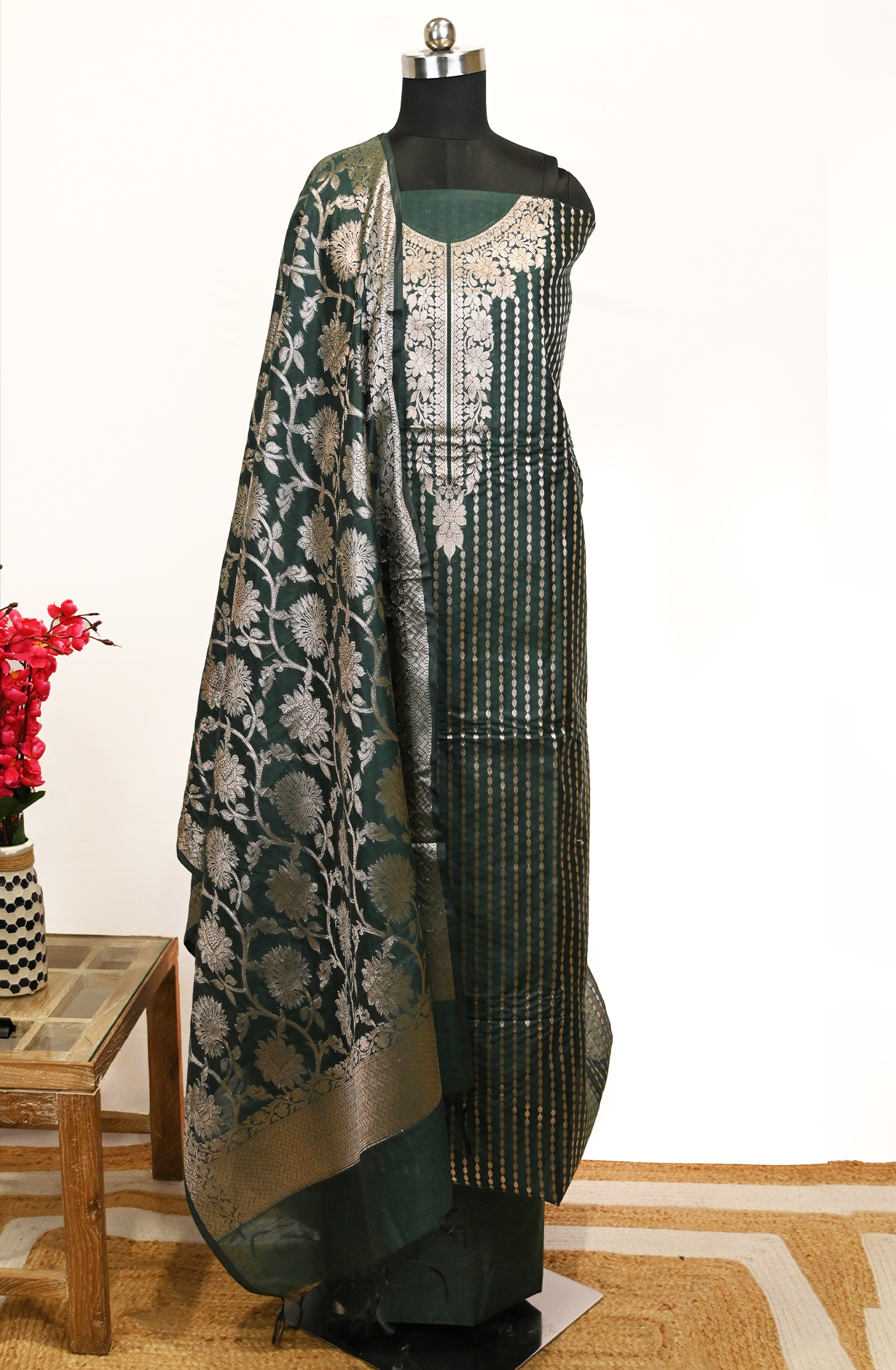 Bottle Green Banarsi Suit Set with Dupatta - 1021-NMRNCK-1G