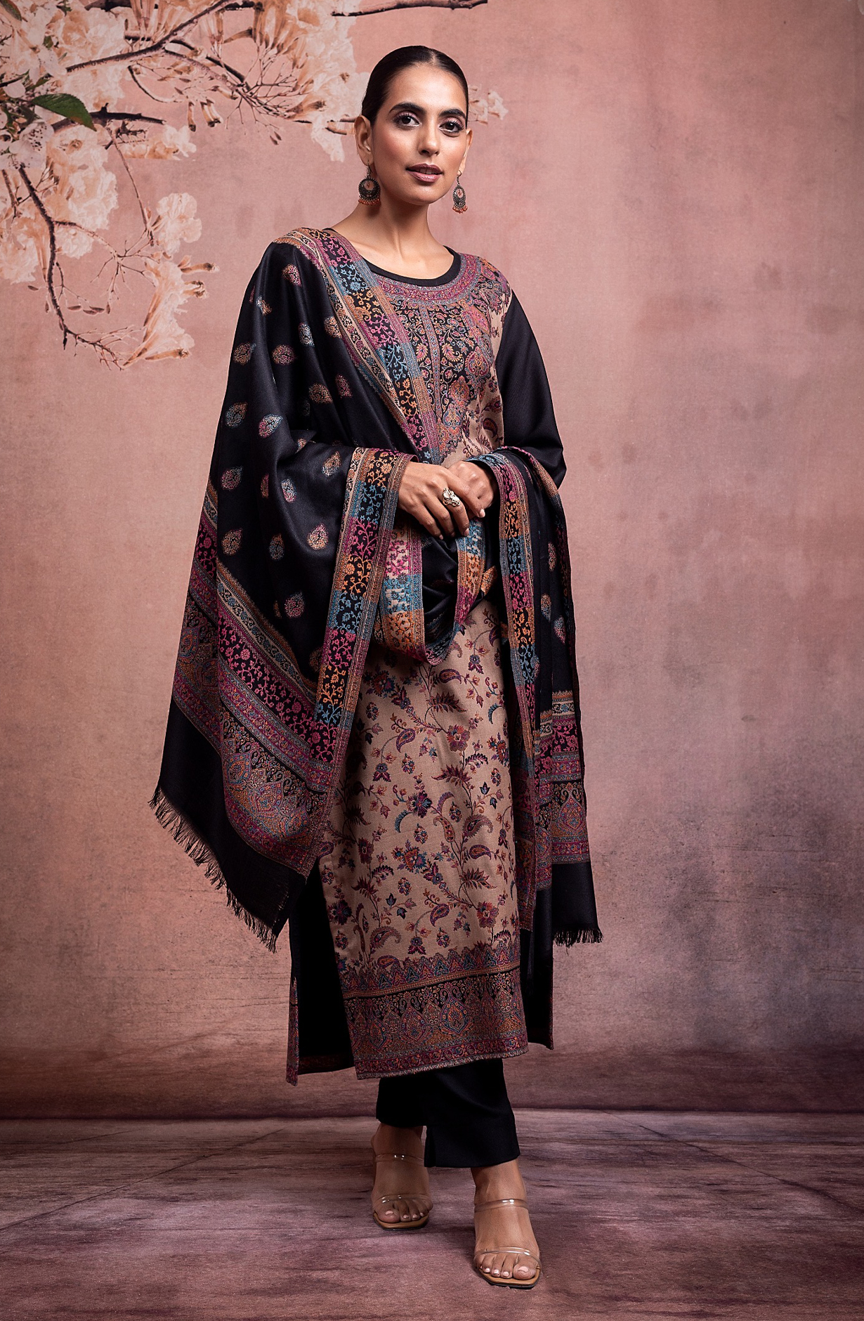 Black Pashmina Winter Wear Unstitched Salwar Suit - 1000-0014