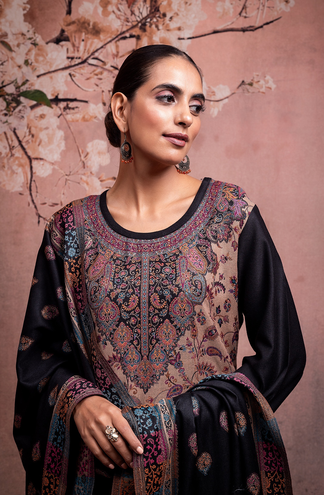 Black Pashmina Winter Wear Unstitched Salwar Suit - 1000-0014