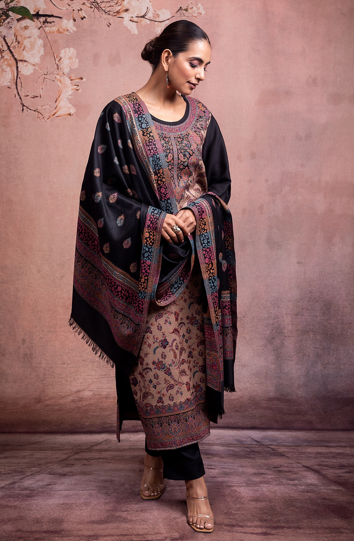 Black Pashmina Winter Wear Unstitched Salwar Suit - 1000-0014