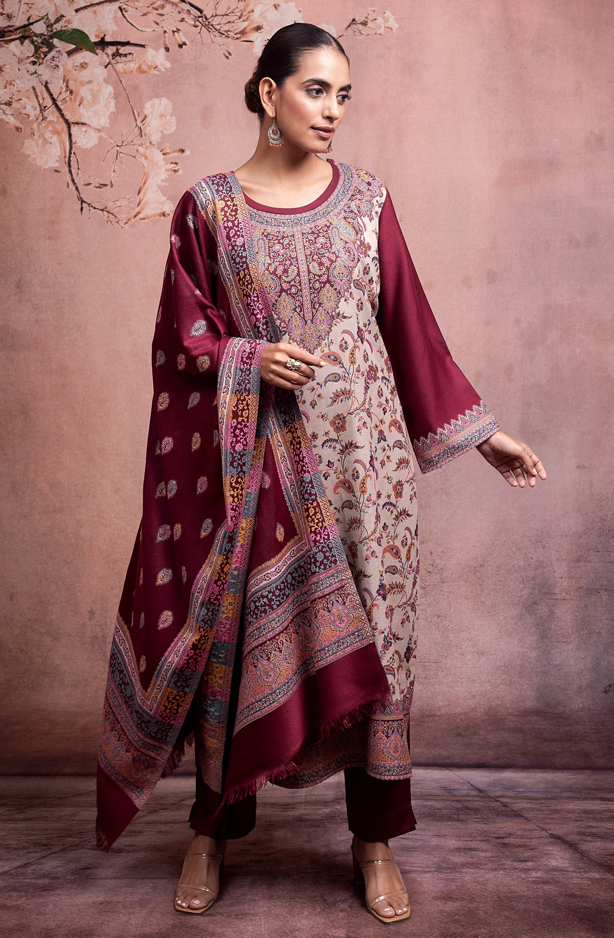 Maroon Pashmina Winter Wear Unstitched Salwar Suit - 1000-0014B