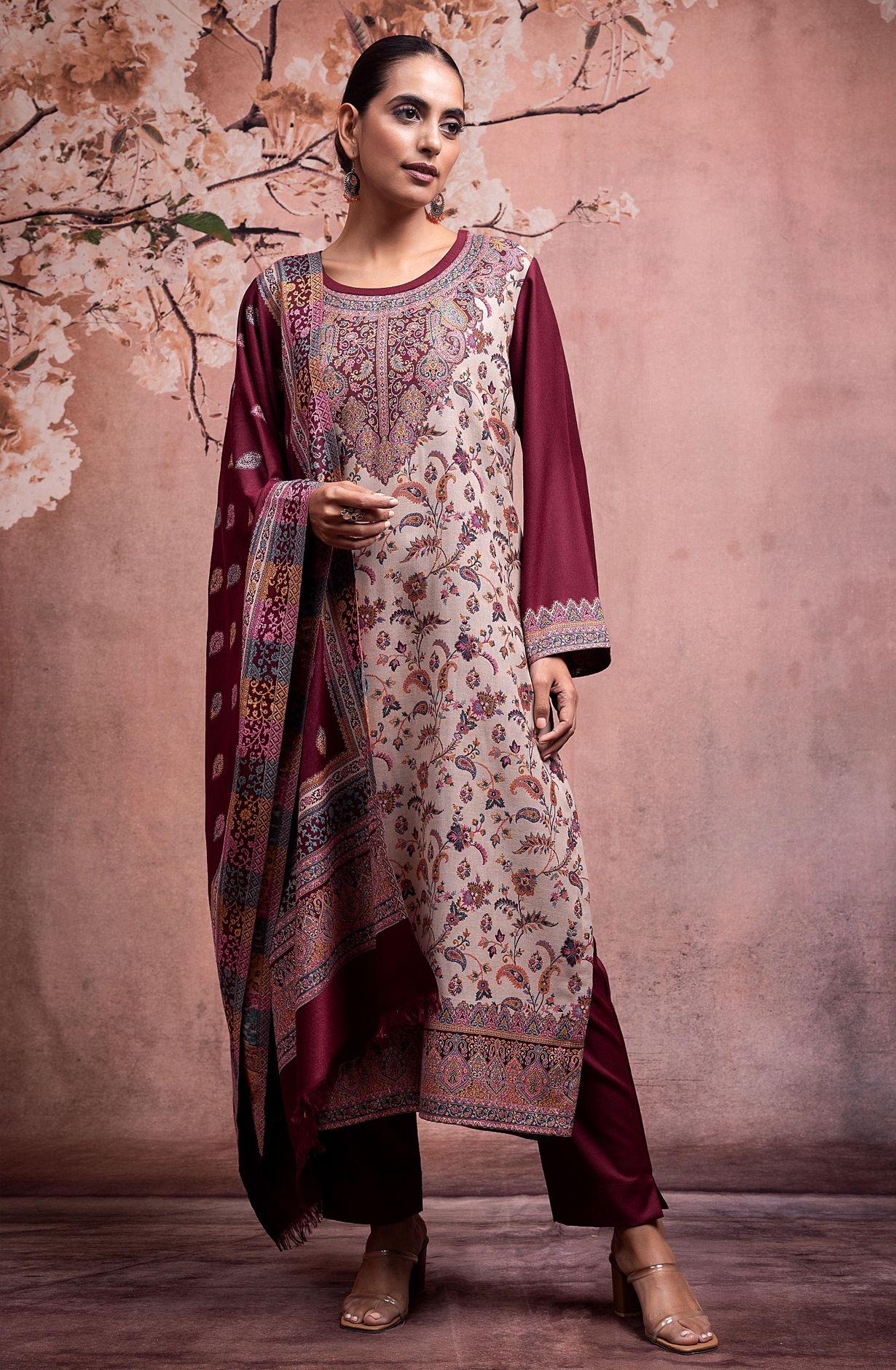Maroon Pashmina Winter Wear Unstitched Salwar Suit - 1000-0014B