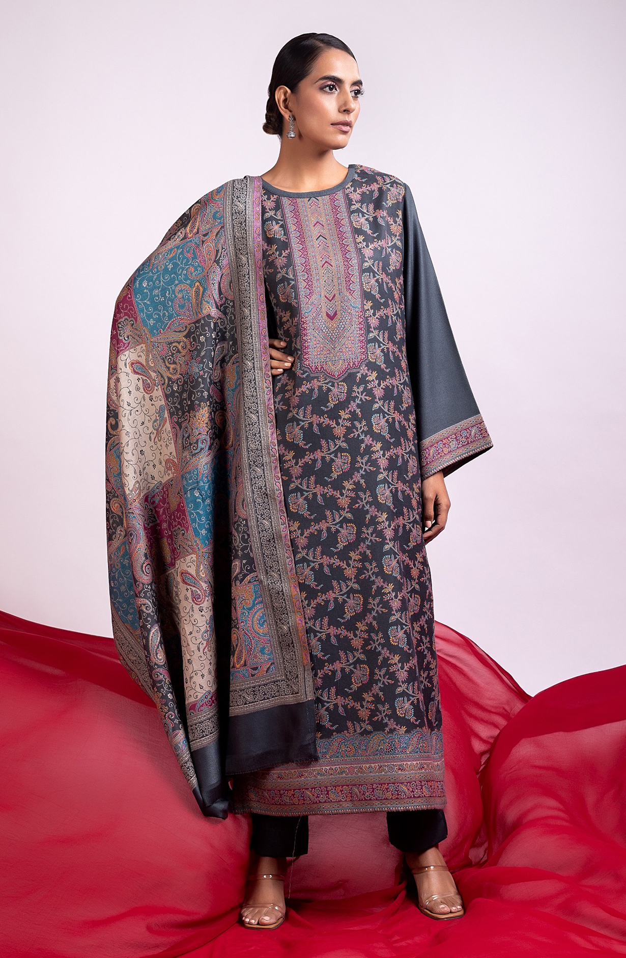 Grey Pashmina Winter Wear Unstitched Salwar Suit with Stole Dupatta - 1000-0060