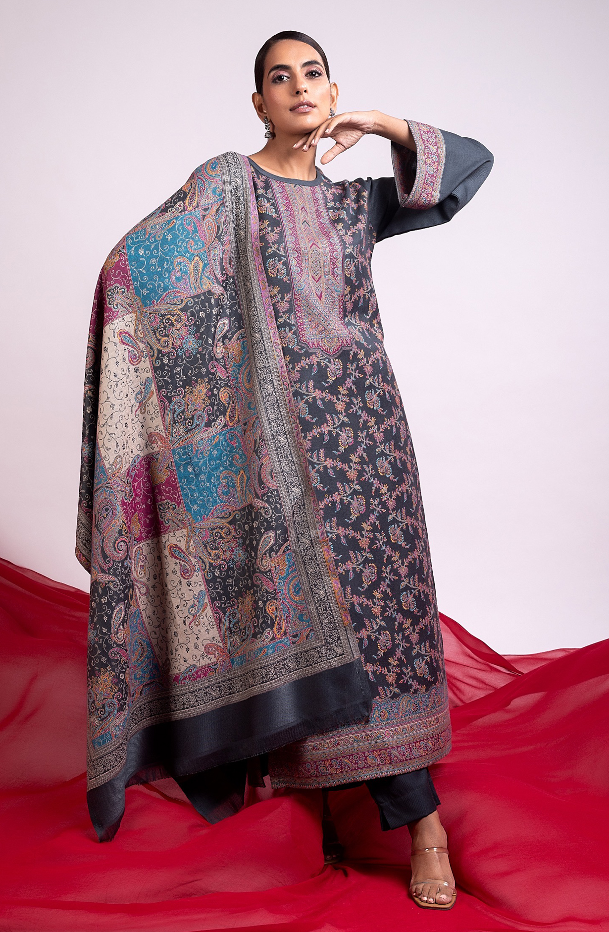 Grey Pashmina Winter Wear Unstitched Salwar Suit with Stole Dupatta - 1000-0060