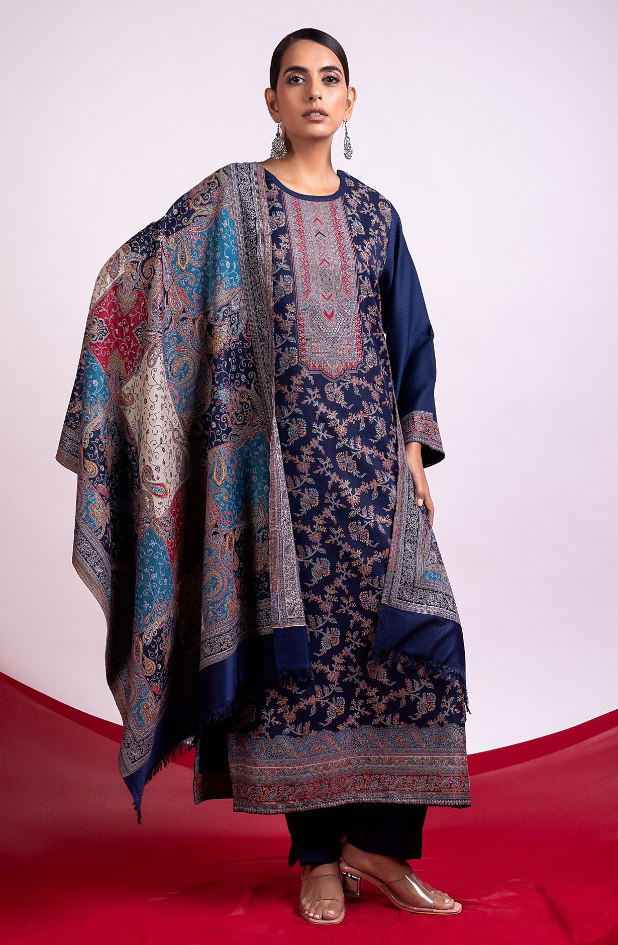 Blue Pashmina Winter Wear Unstitched Salwar Suit with Stole Dupatta - 1000-0060A