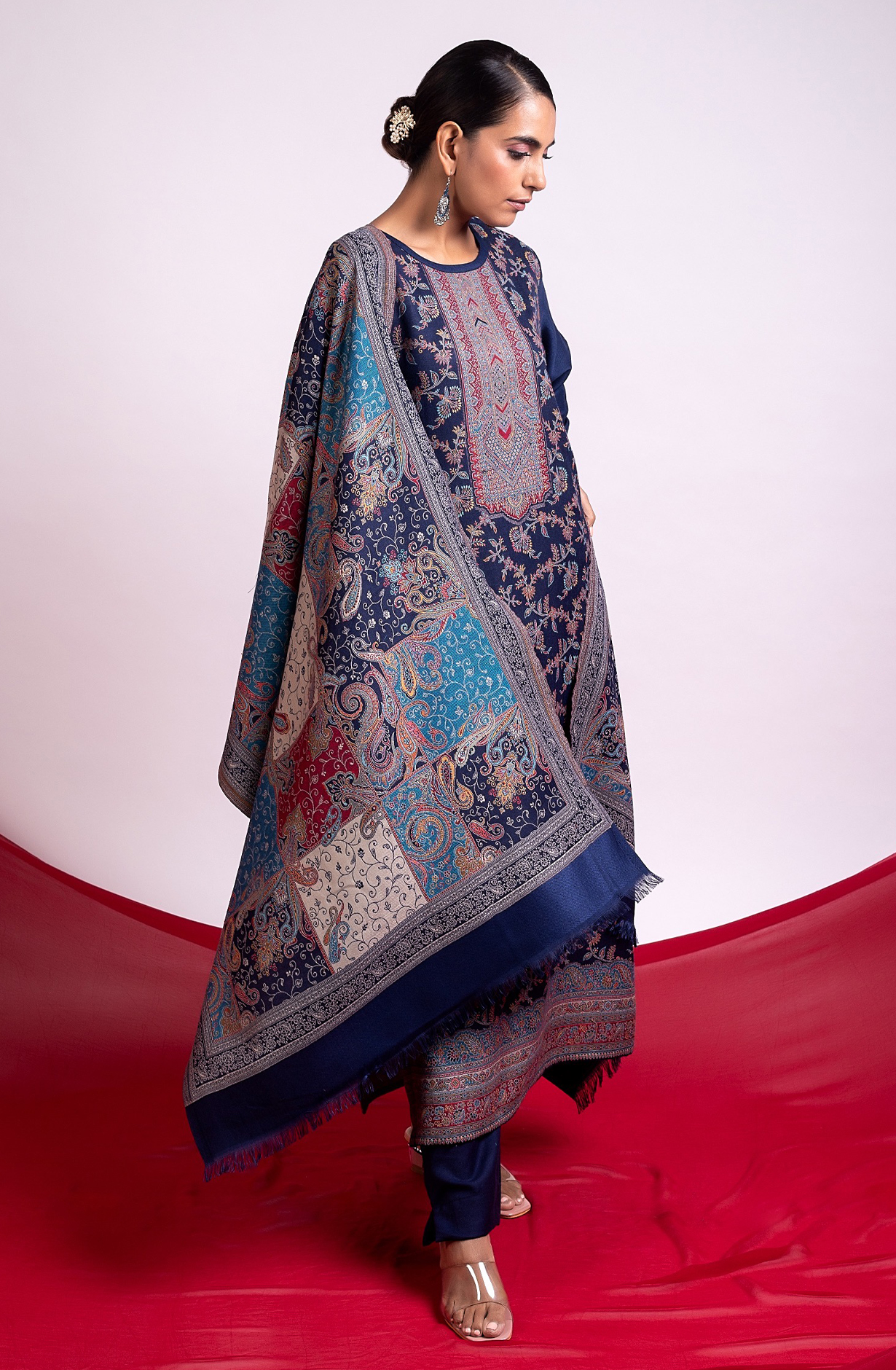 Blue Pashmina Winter Wear Unstitched Salwar Suit with Stole Dupatta - 1000-0060A
