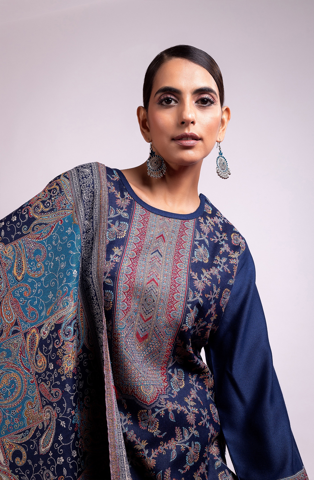 Blue Pashmina Winter Wear Unstitched Salwar Suit with Stole Dupatta - 1000-0060A