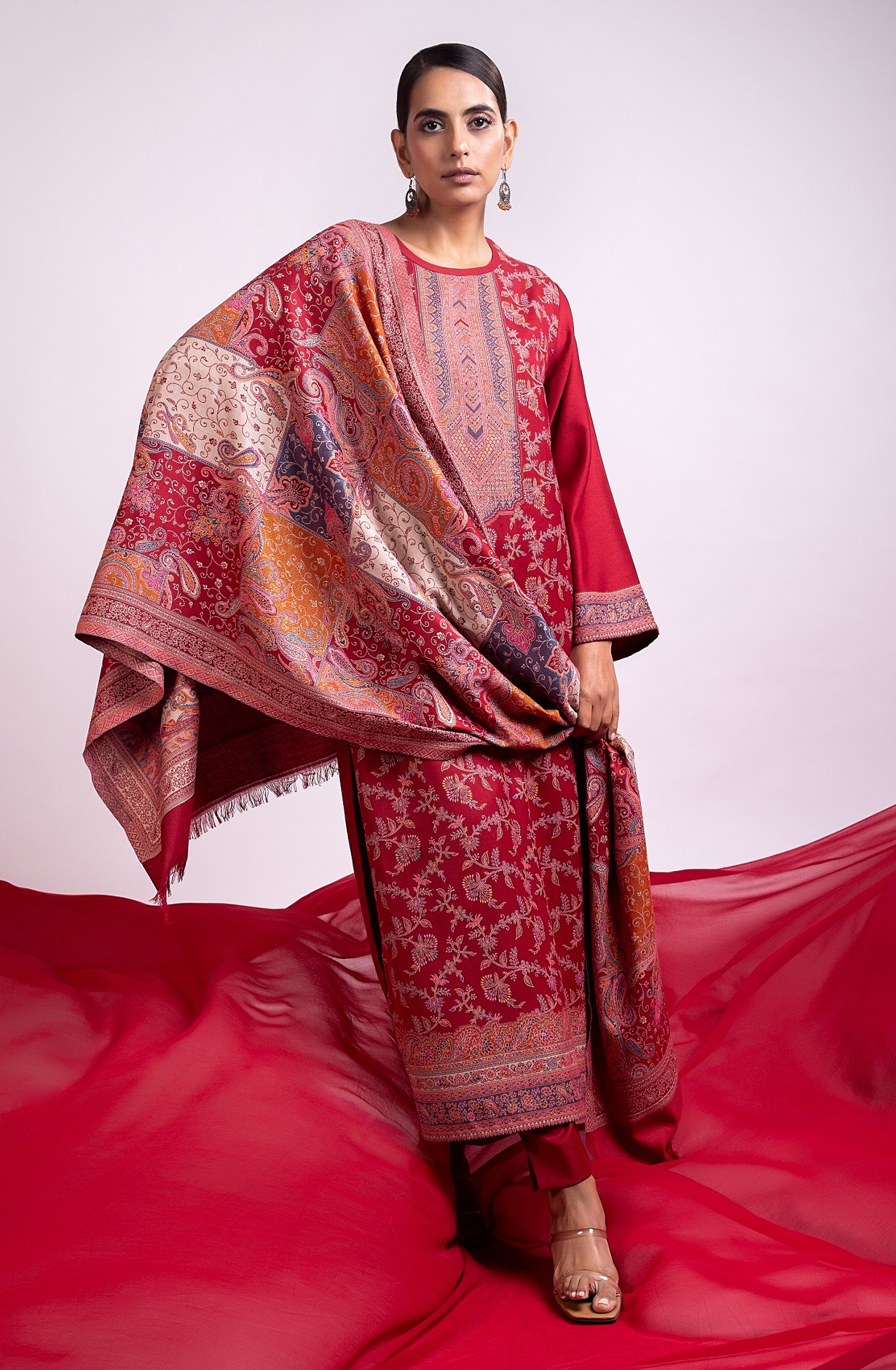 Maroon Pashmina Winter Wear Unstitched Salwar Suit with Stole Dupatta - 1000-0060B