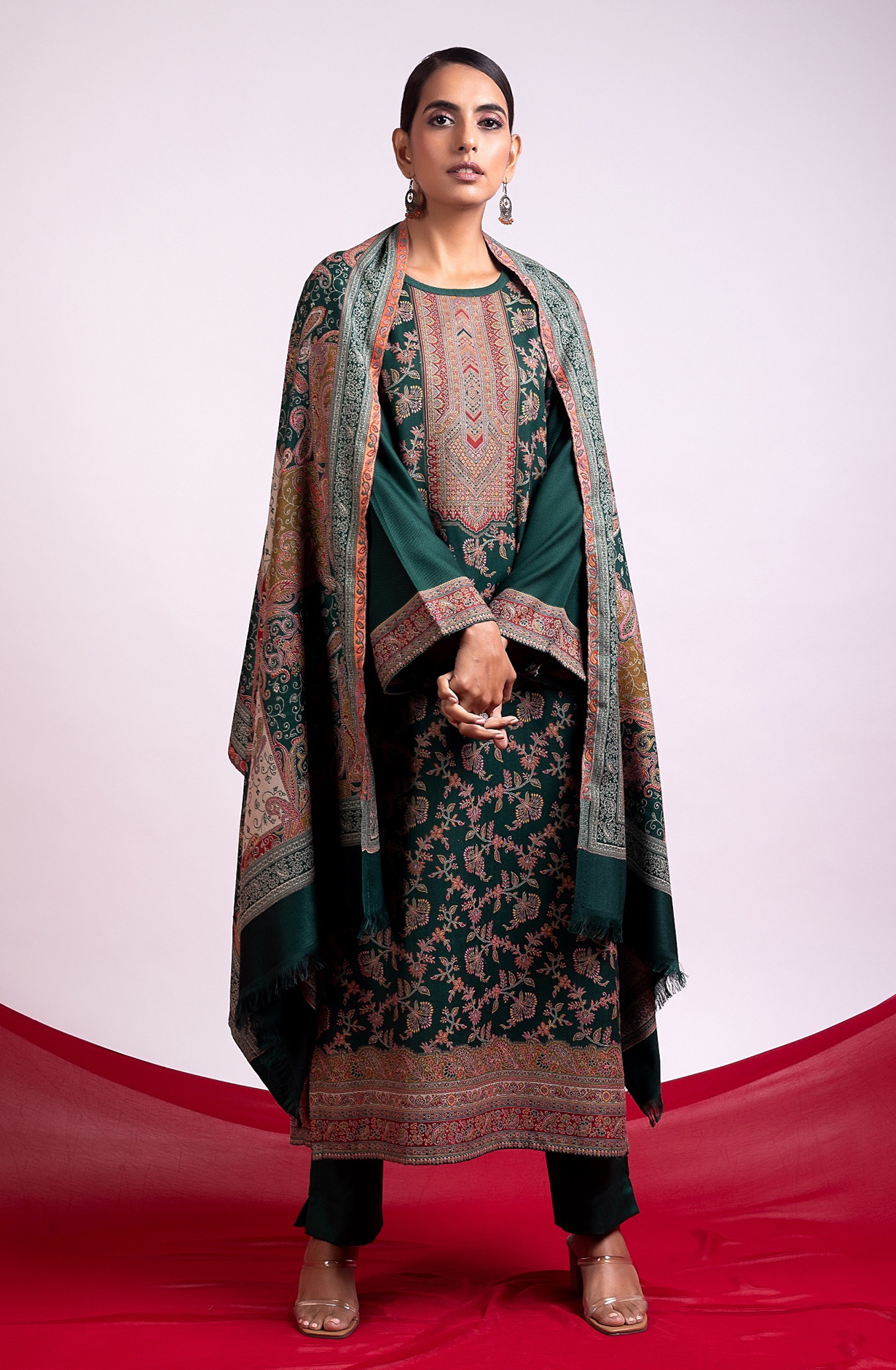 Bottle Green Pashmina Winter Wear Unstitched Salwar Suit with Stole Dupatta - 1000-0060C