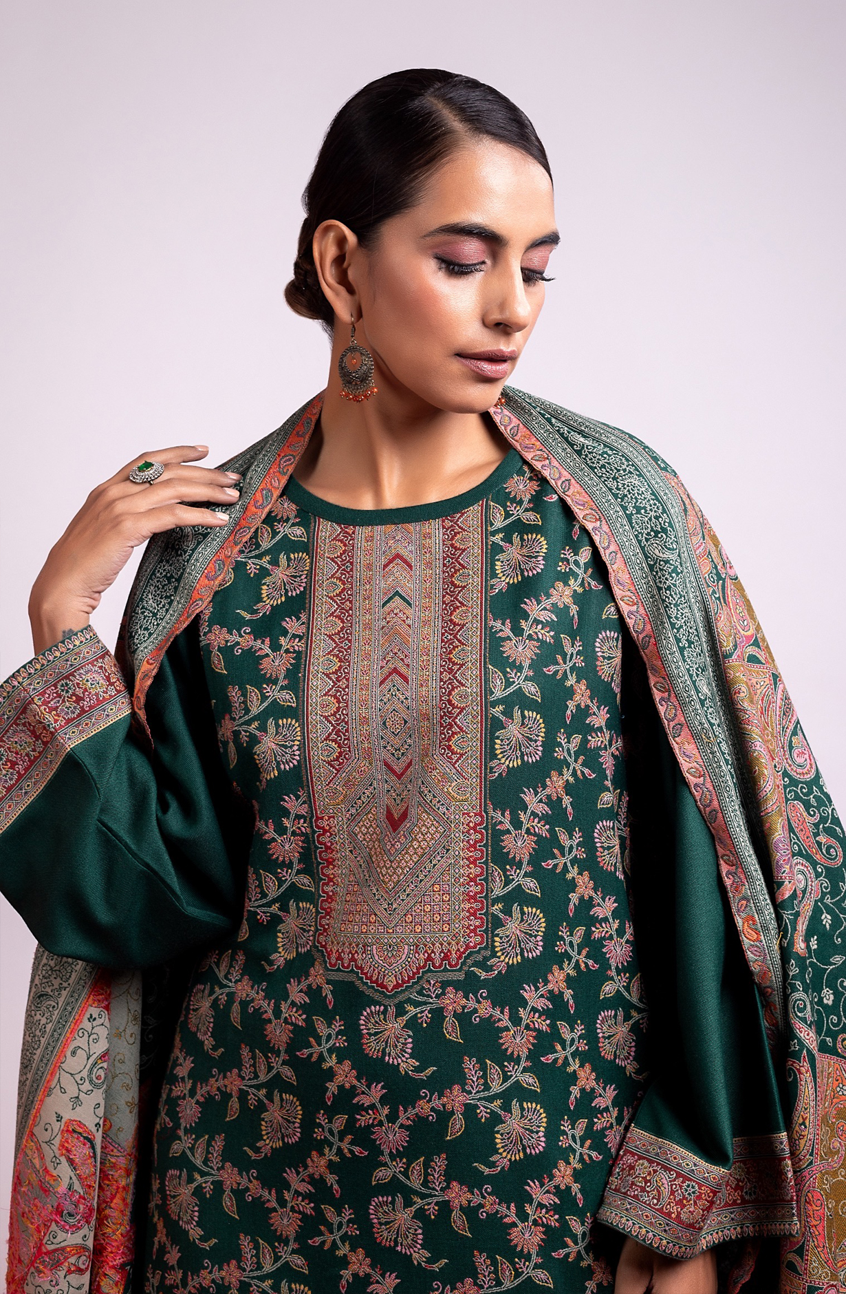 Bottle Green Pashmina Winter Wear Unstitched Salwar Suit with Stole Dupatta - 1000-0060C