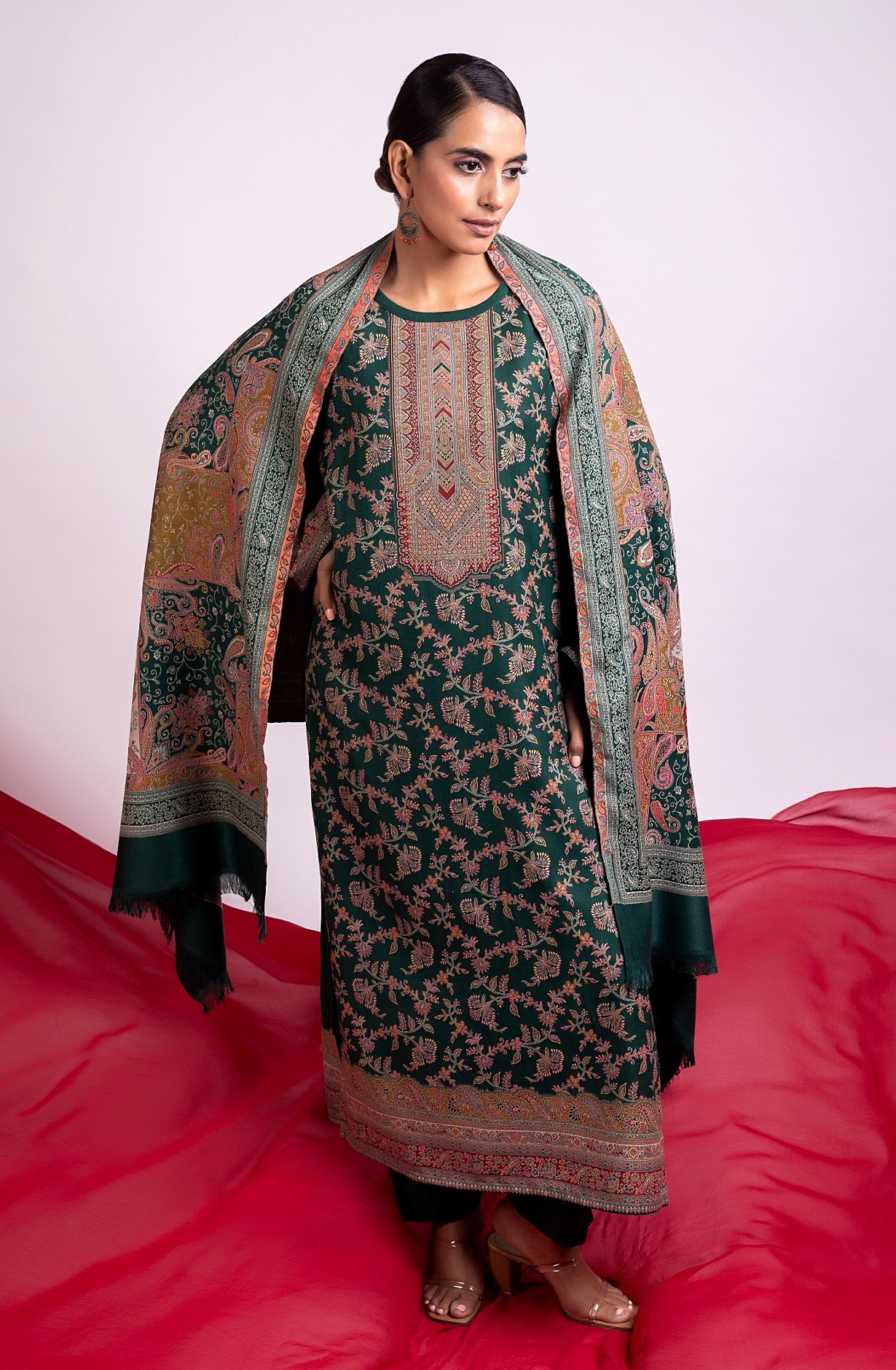 Bottle Green Pashmina Winter Wear Unstitched Salwar Suit with Stole Dupatta - 1000-0060C