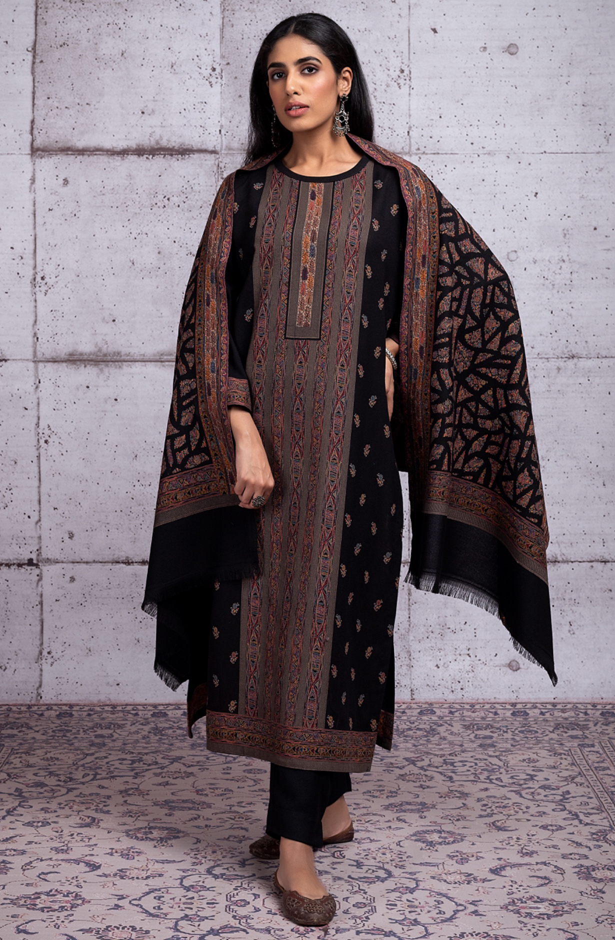 Black Pure Pashmina Unstitched Salwaar Suit - 1000-0289A