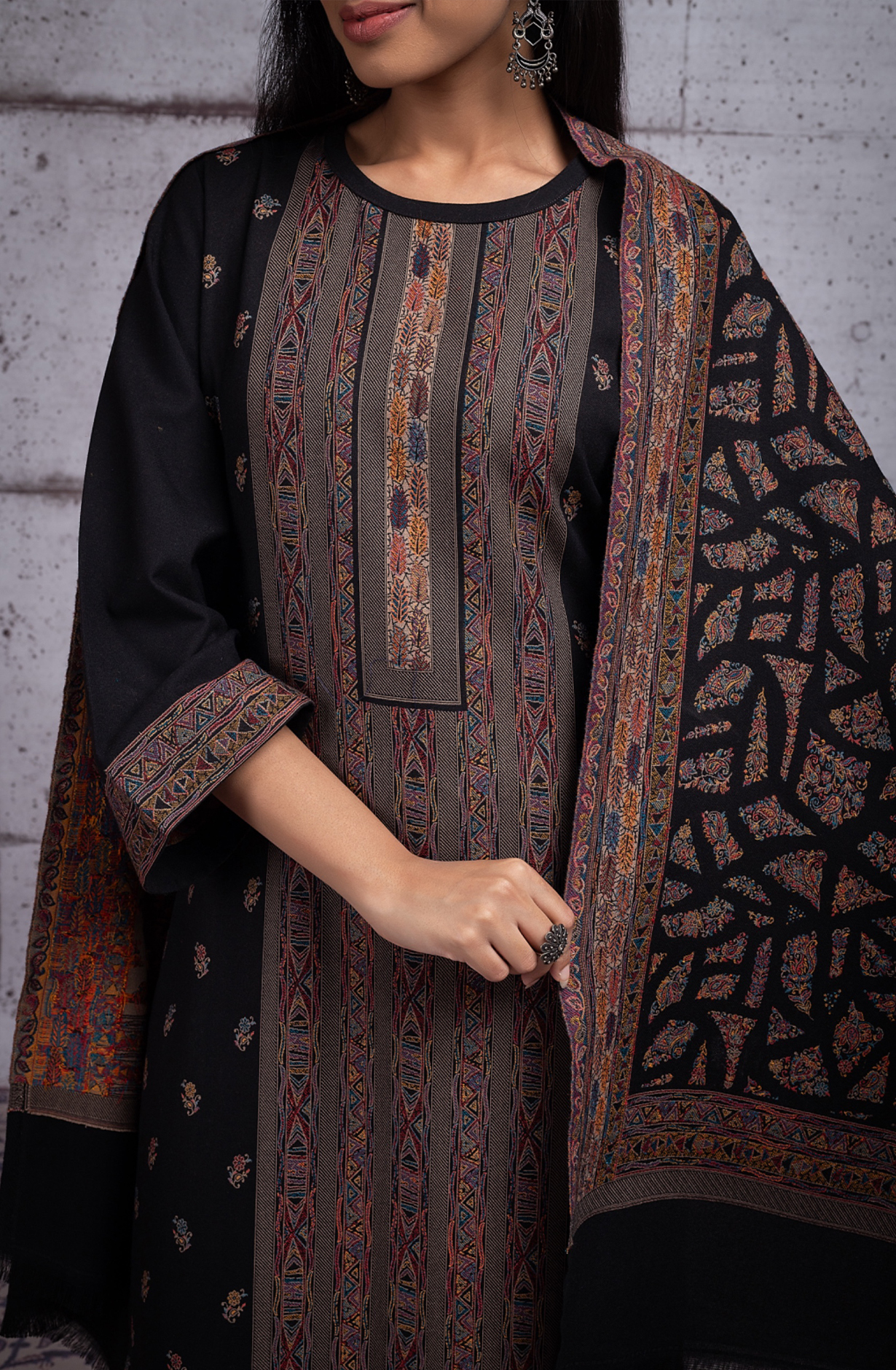 Black Pure Pashmina Unstitched Salwaar Suit - 1000-0289A