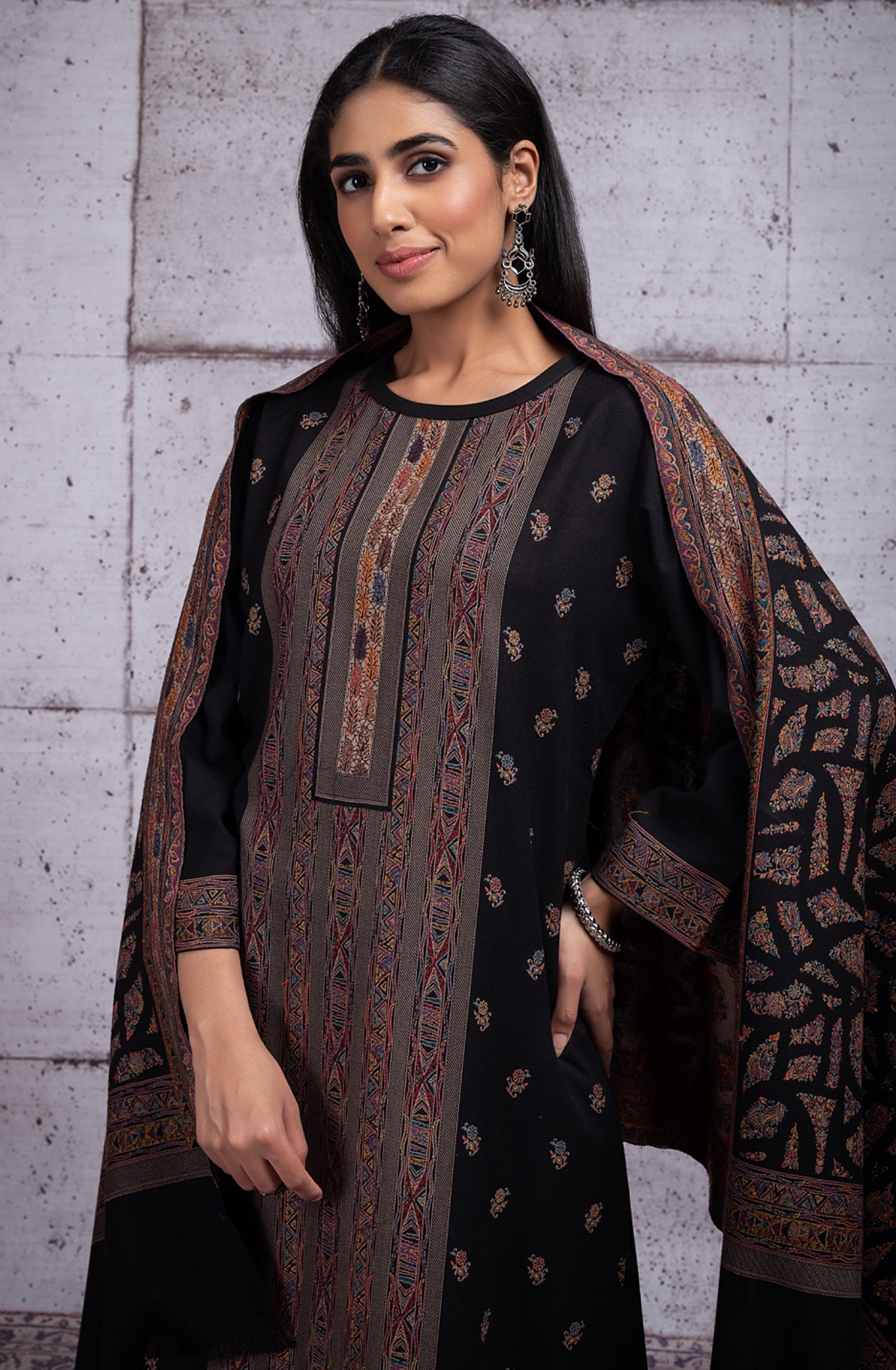Black Pure Pashmina Unstitched Salwaar Suit - 1000-0289A