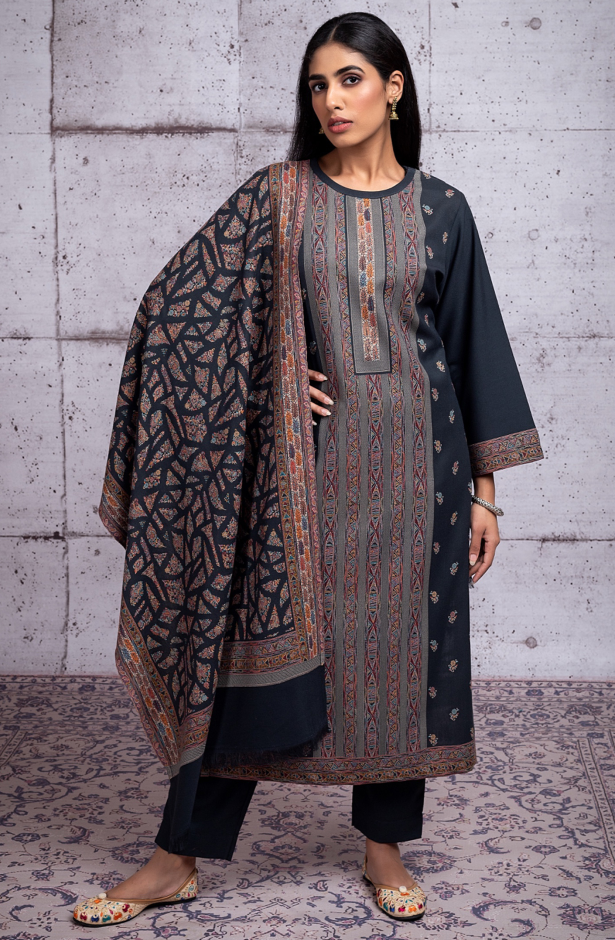 Grey Pure Pashmina Unstitched Salwaar Suit - 1000-0289B