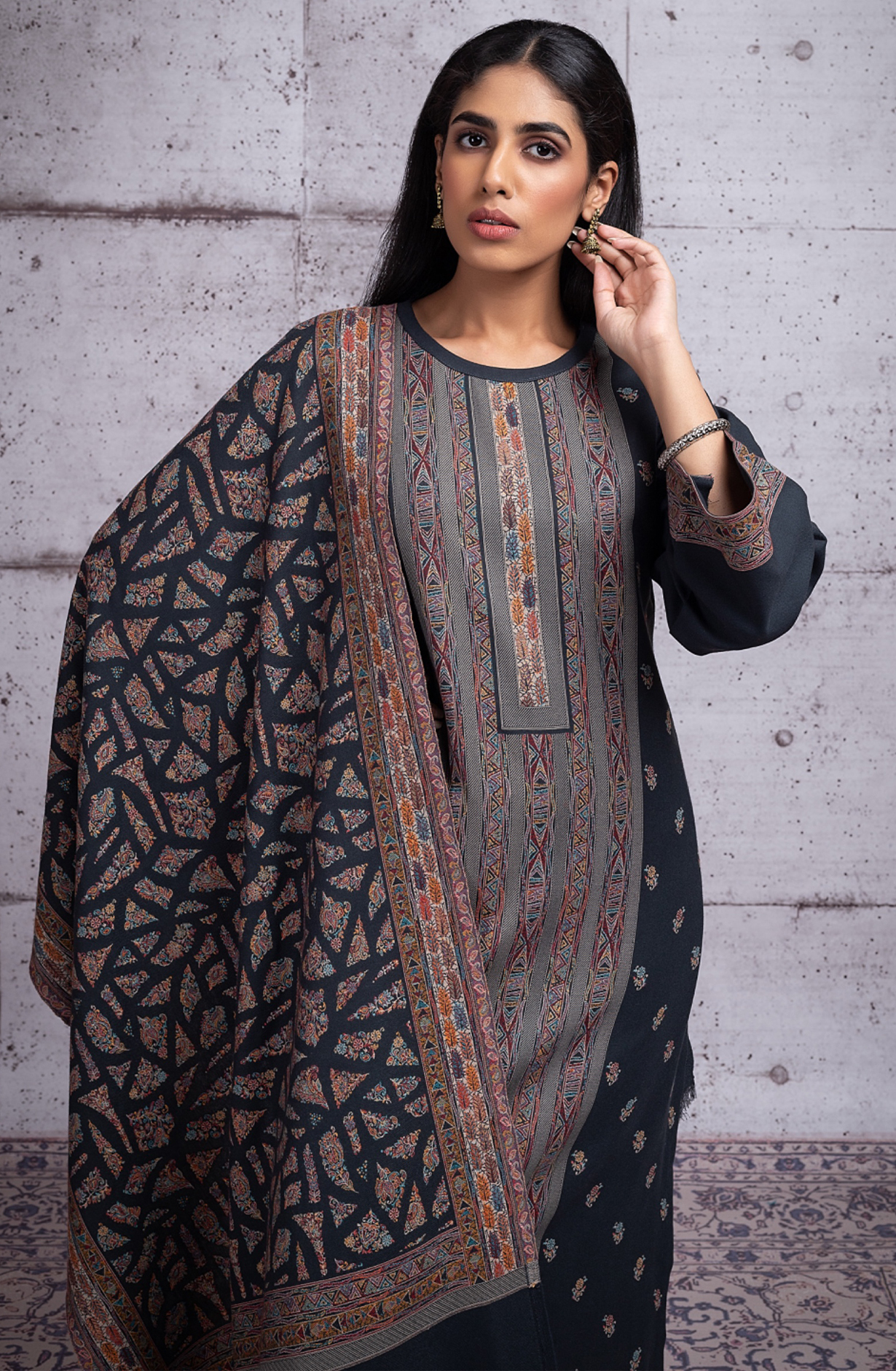 Grey Pure Pashmina Unstitched Salwaar Suit - 1000-0289B