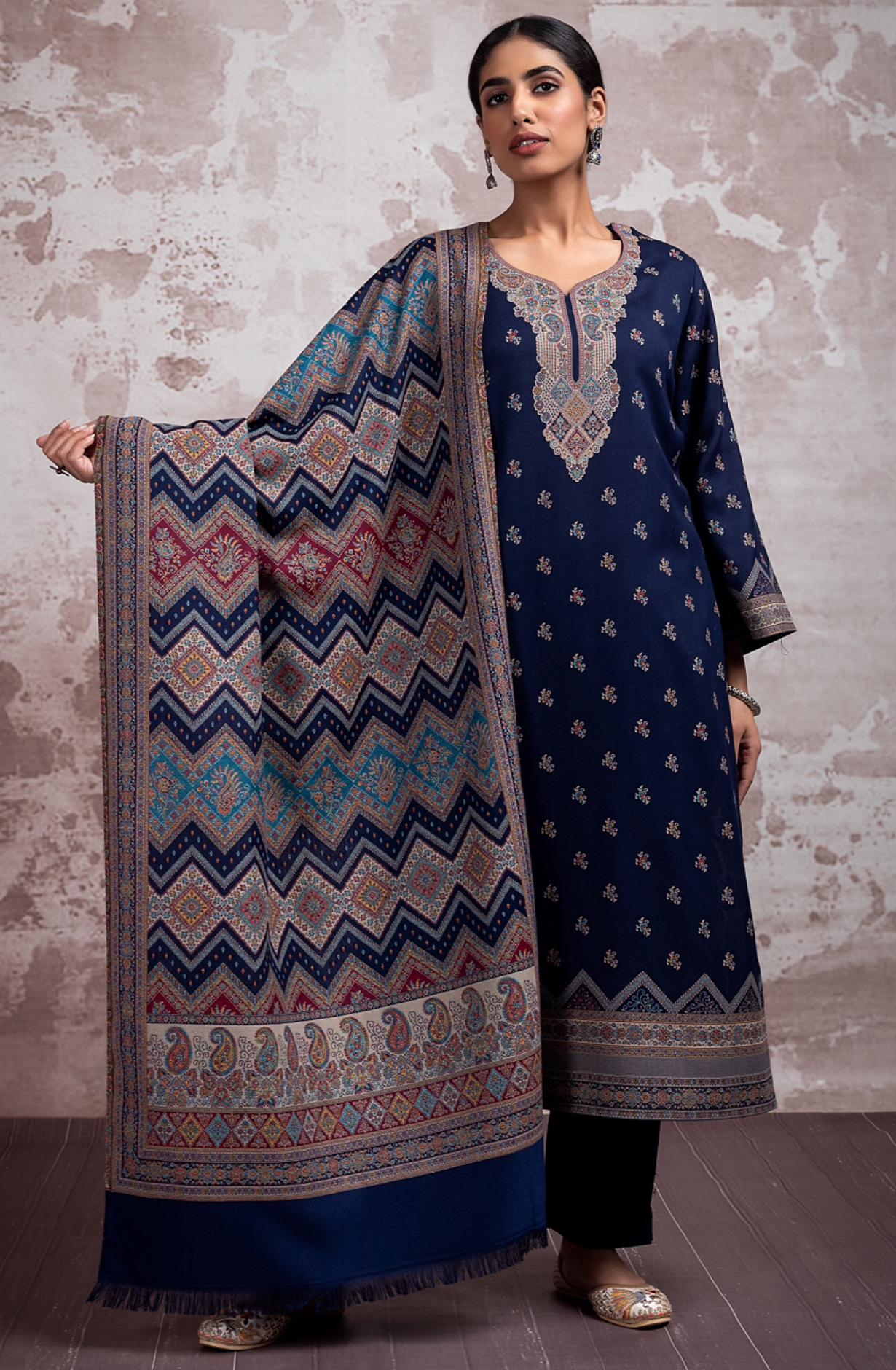Blue Pure Pashmina Unstitched Salwaar Suit - 1000-0292