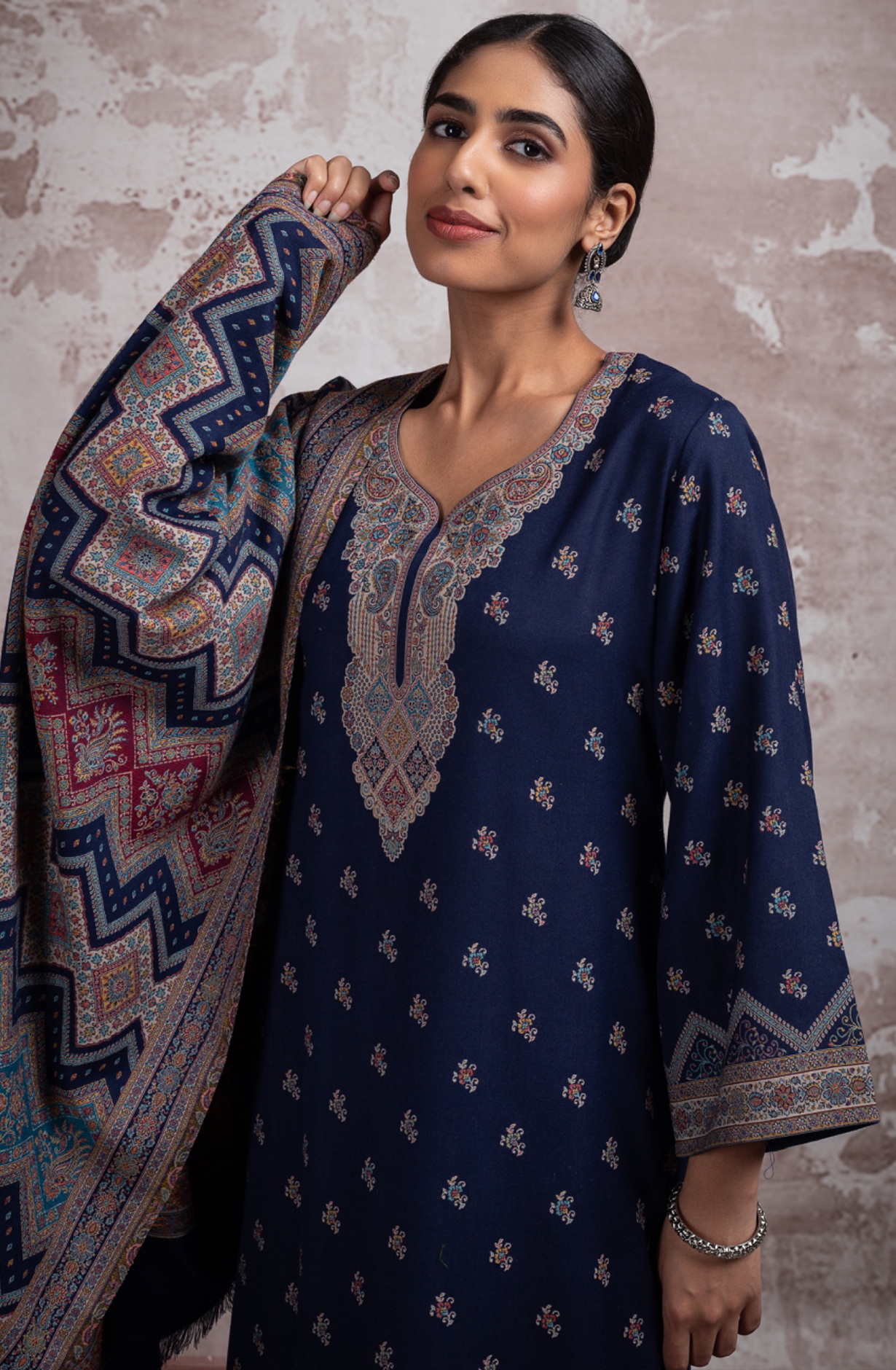 Blue Pure Pashmina Unstitched Salwaar Suit - 1000-0292