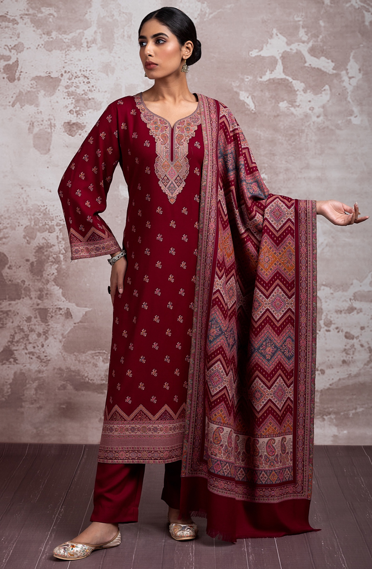Maroon Pure Pashmina Unstitched Salwaar Suit - 1000-0292A