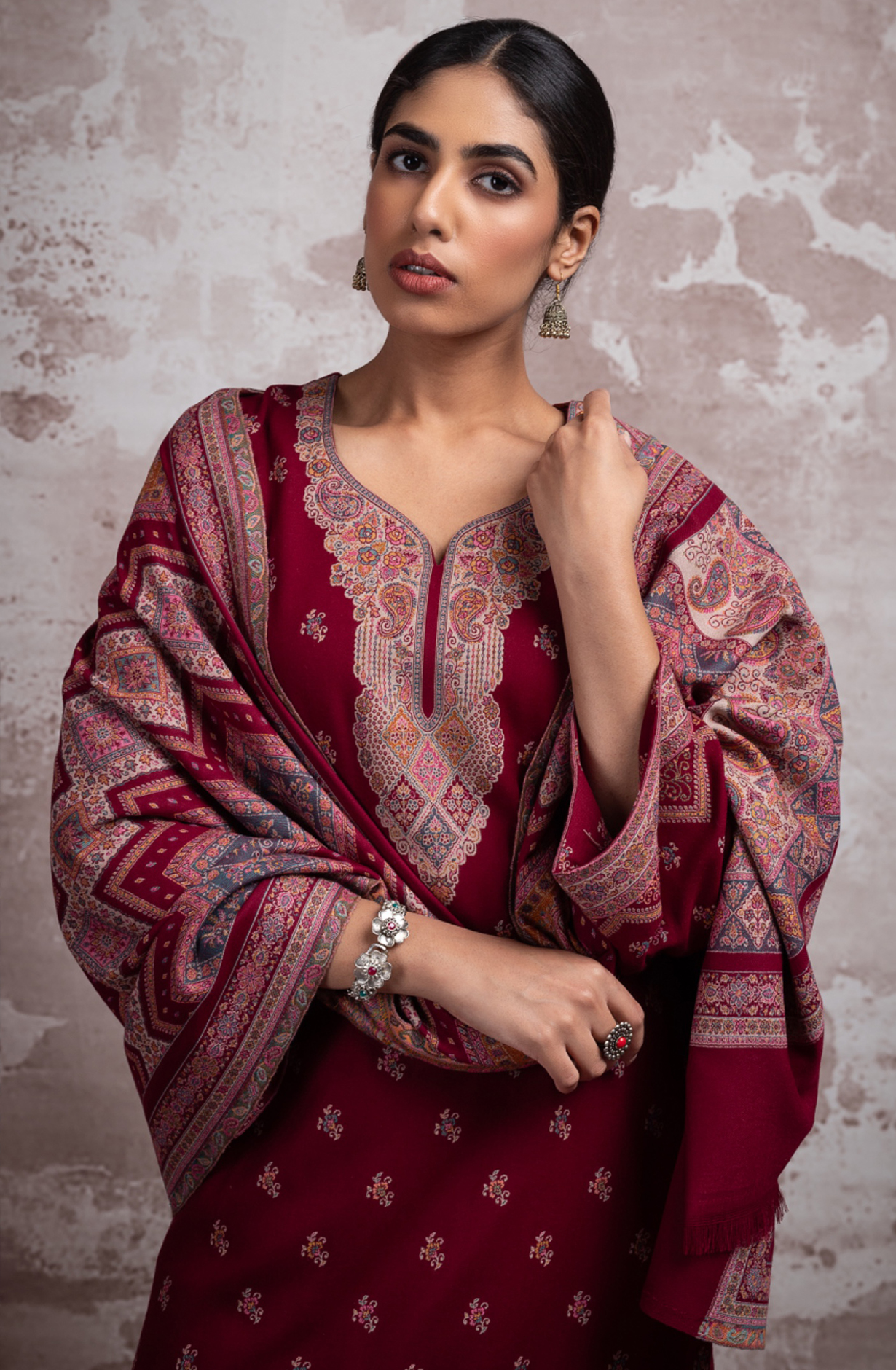 Maroon Pure Pashmina Unstitched Salwaar Suit - 1000-0292A