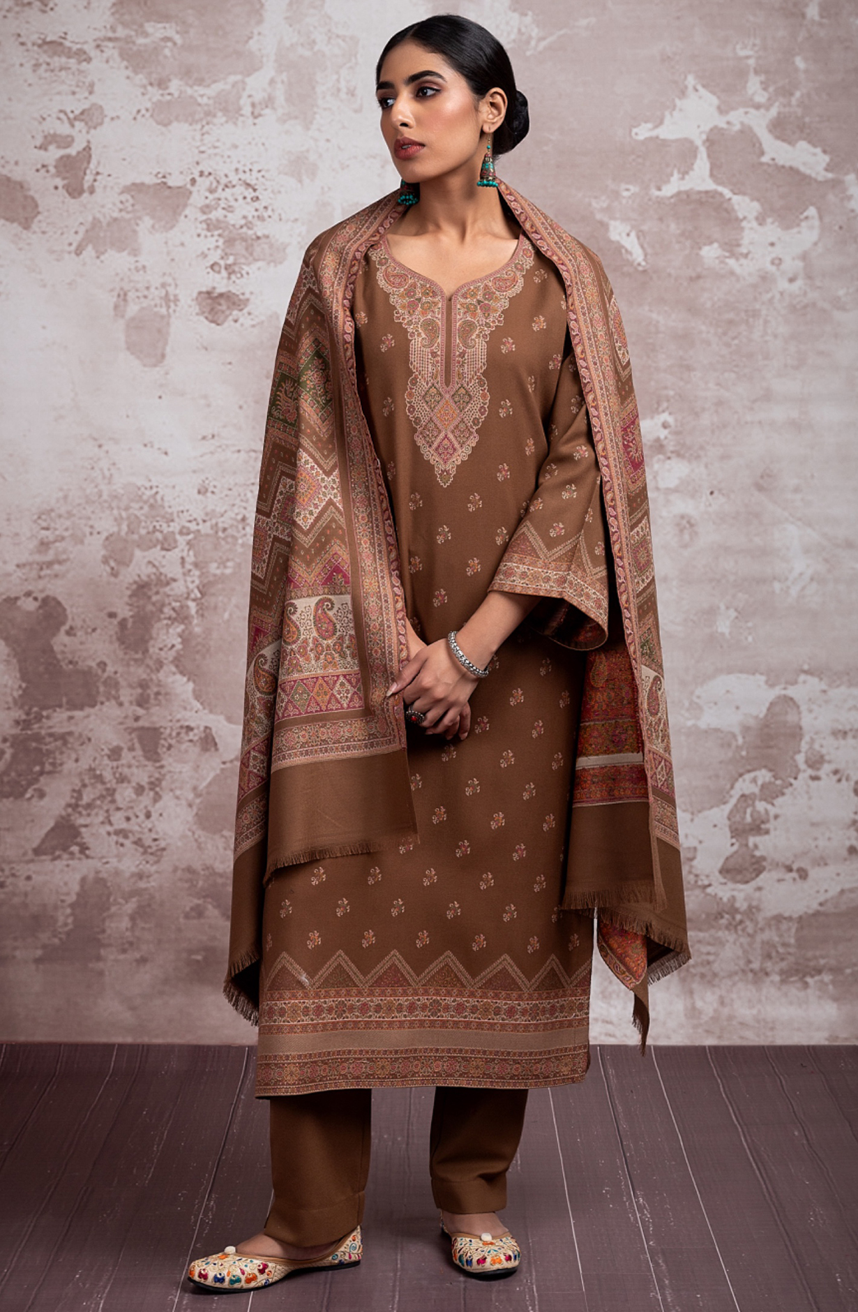 Brown Pure Pashmina Unstitched Salwaar Suit - 1000-0292B