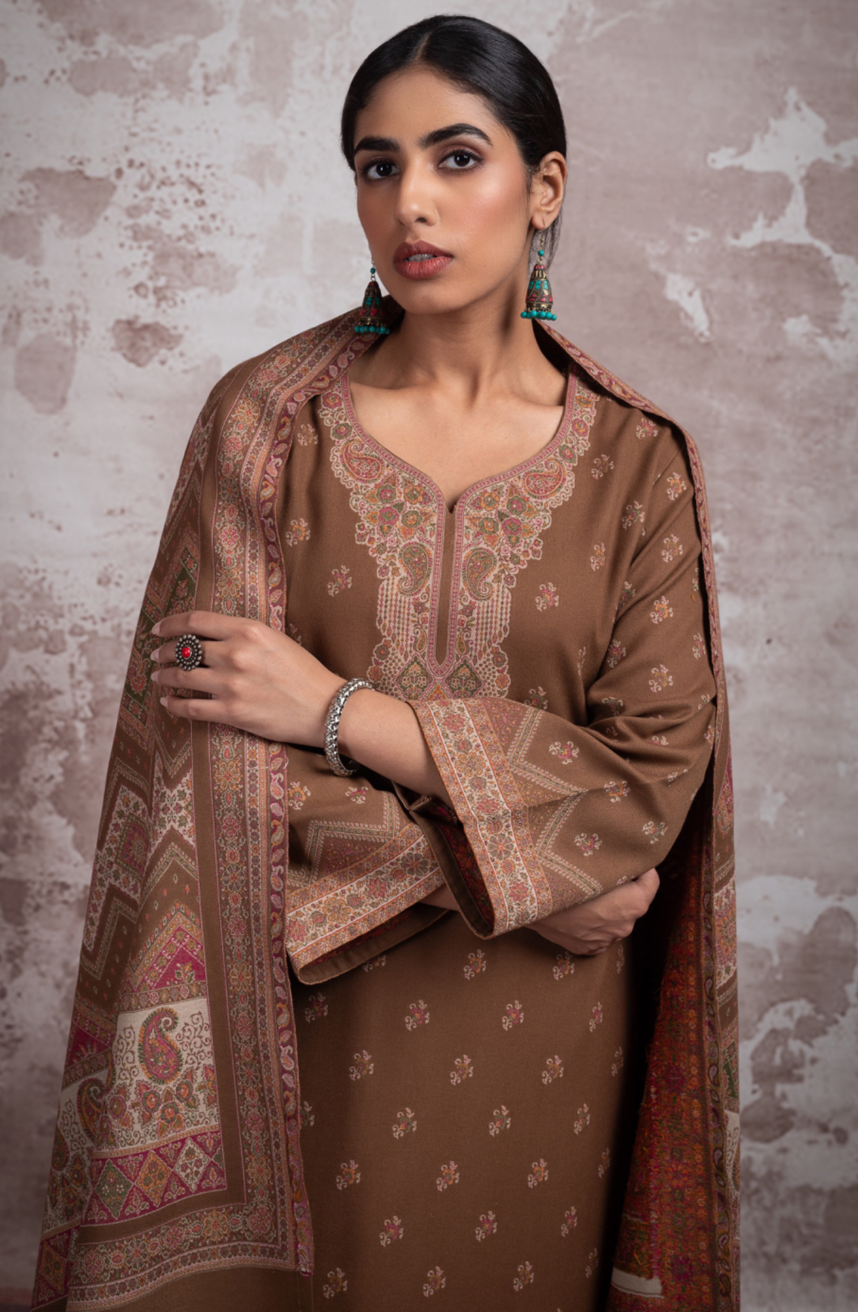 Brown Pure Pashmina Unstitched Salwaar Suit - 1000-0292B