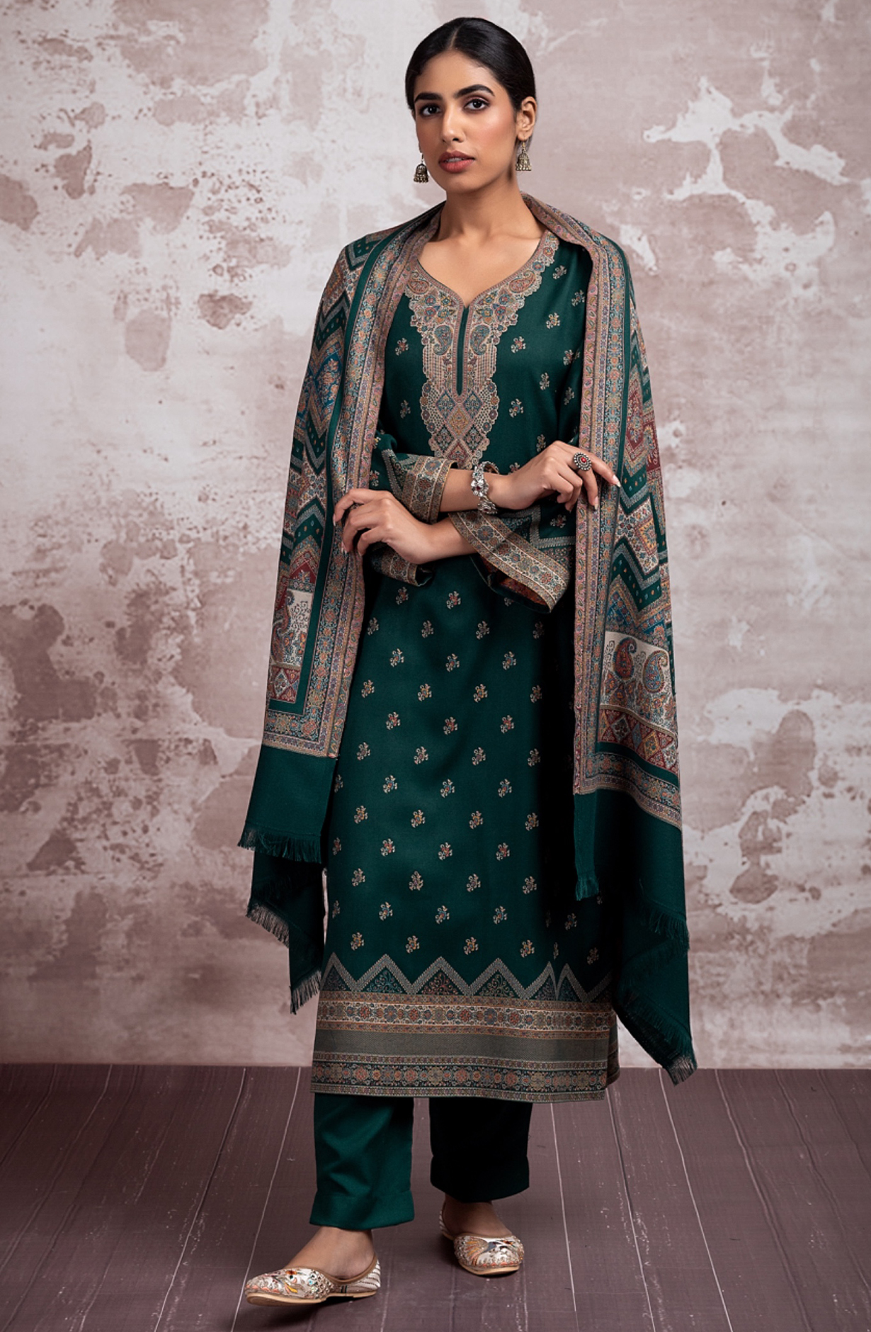 Bottle Green Pure Pashmina Unstitched Salwaar Suit - 1000-0292C