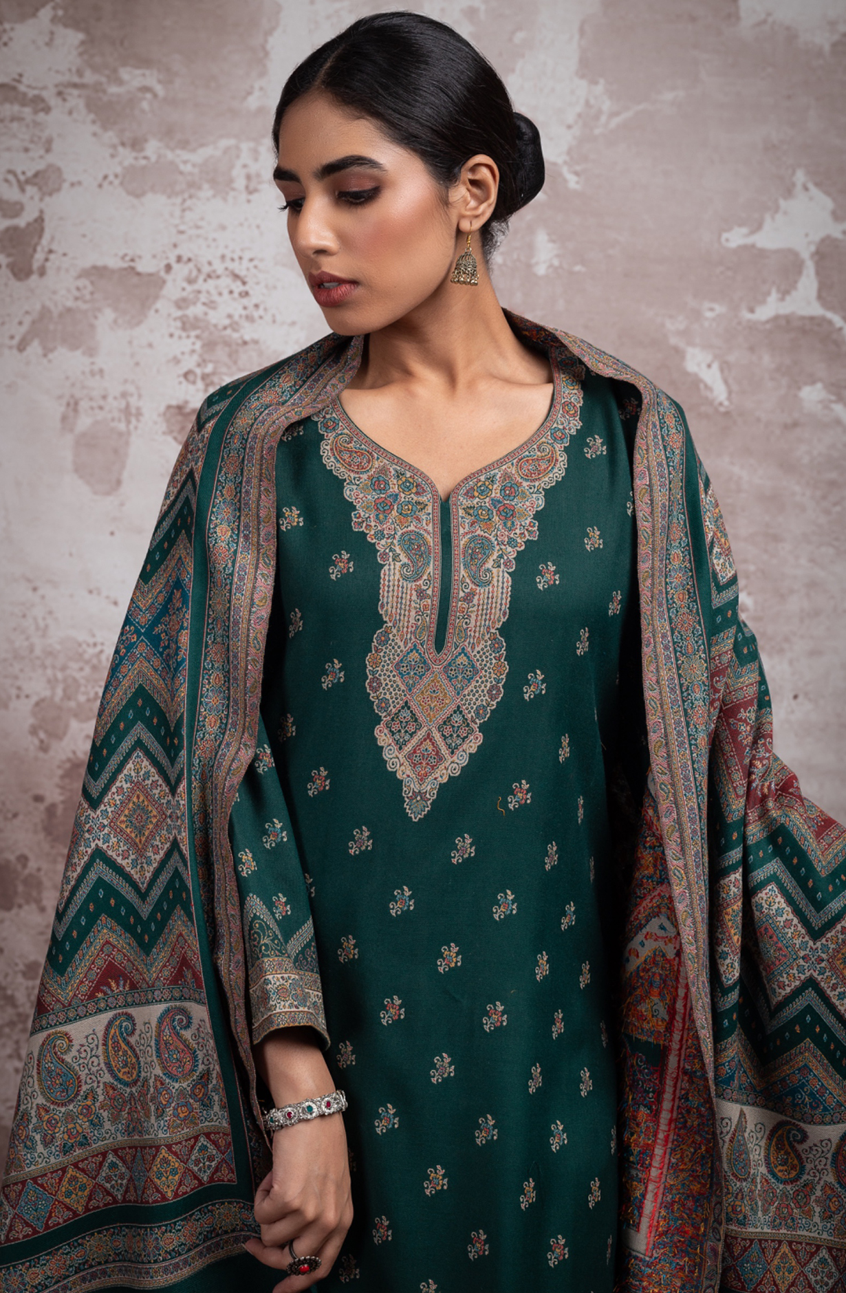 Bottle Green Pure Pashmina Unstitched Salwaar Suit - 1000-0292C