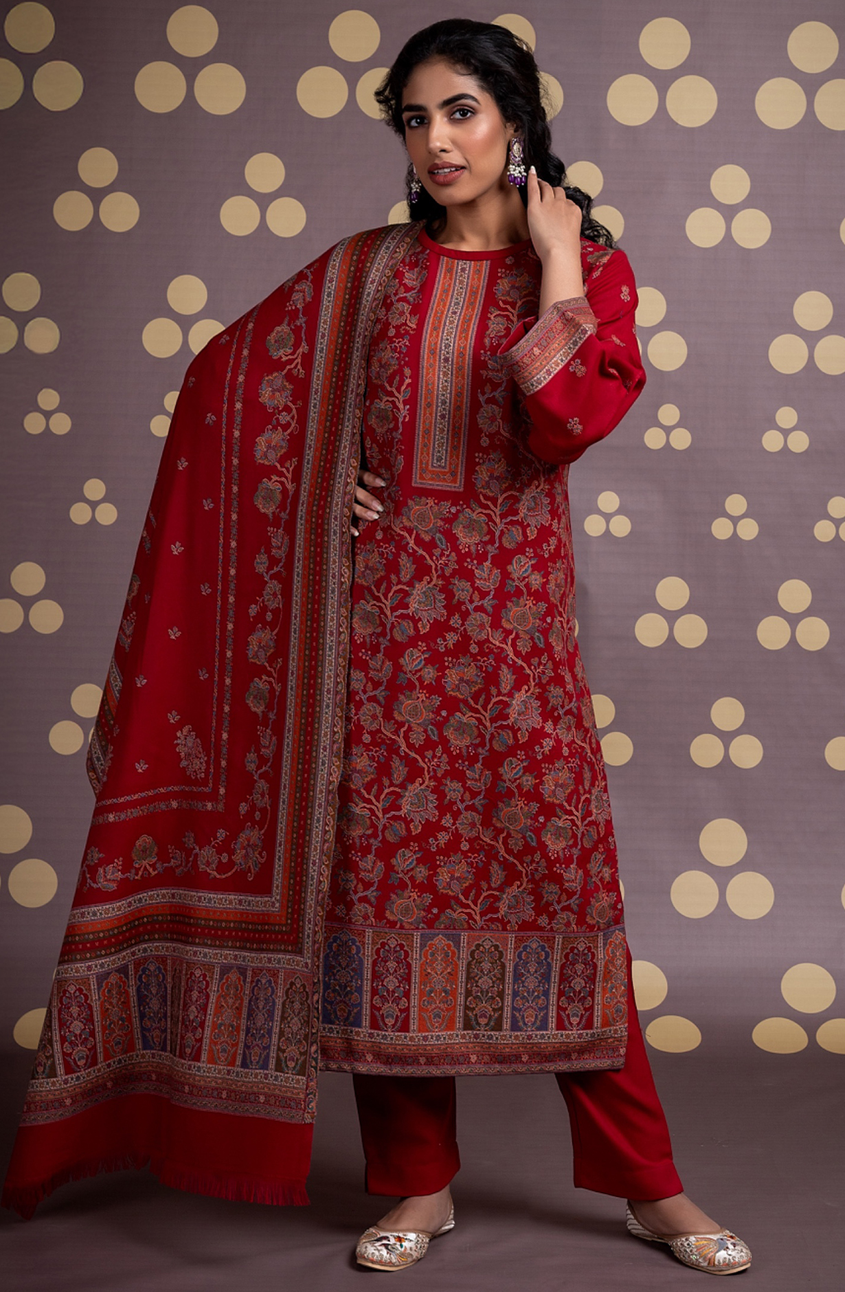 Red Pure Pashmina Unstitched Salwaar Suit - 1000-0332