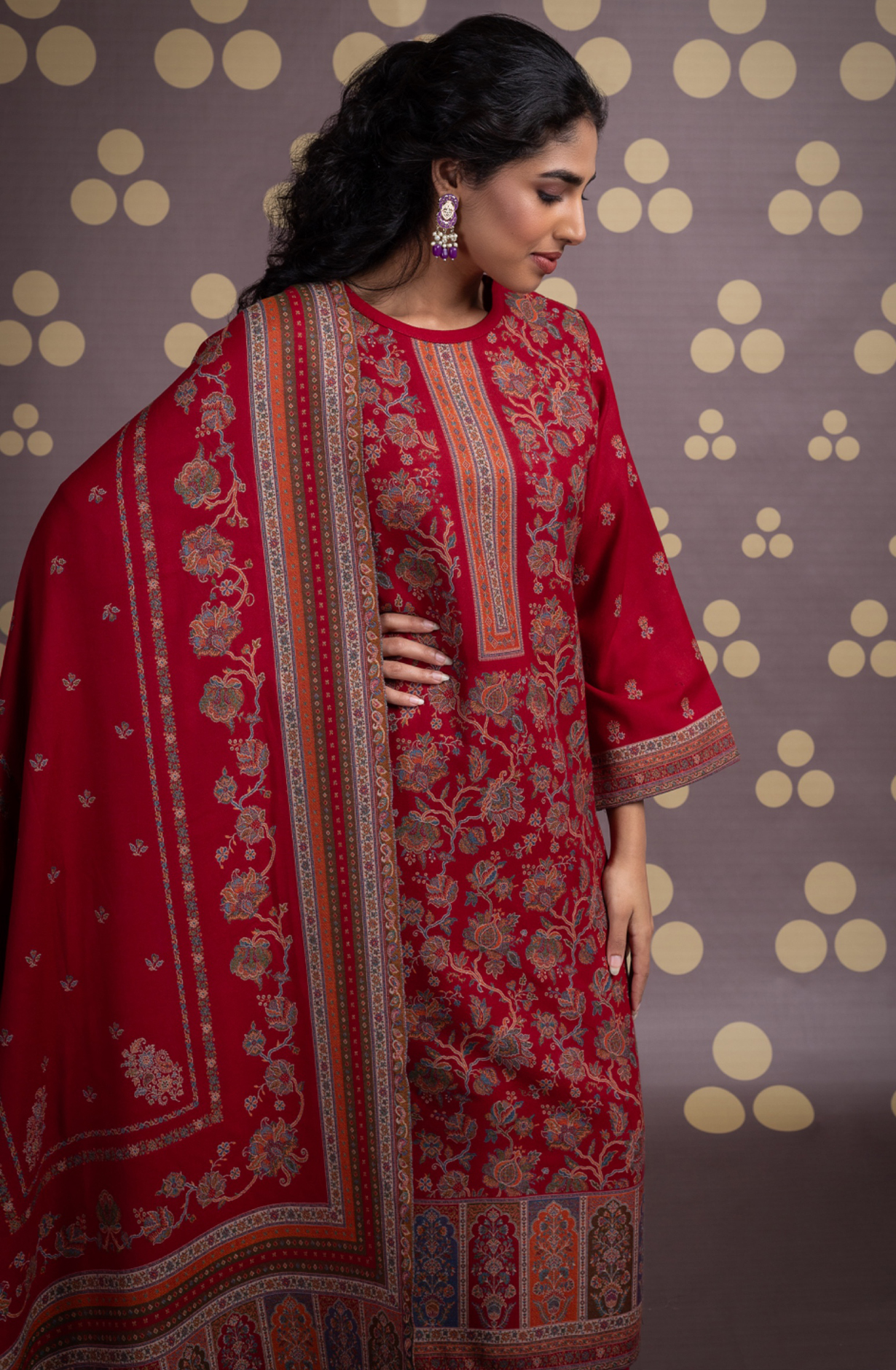 Red Pure Pashmina Unstitched Salwaar Suit - 1000-0332