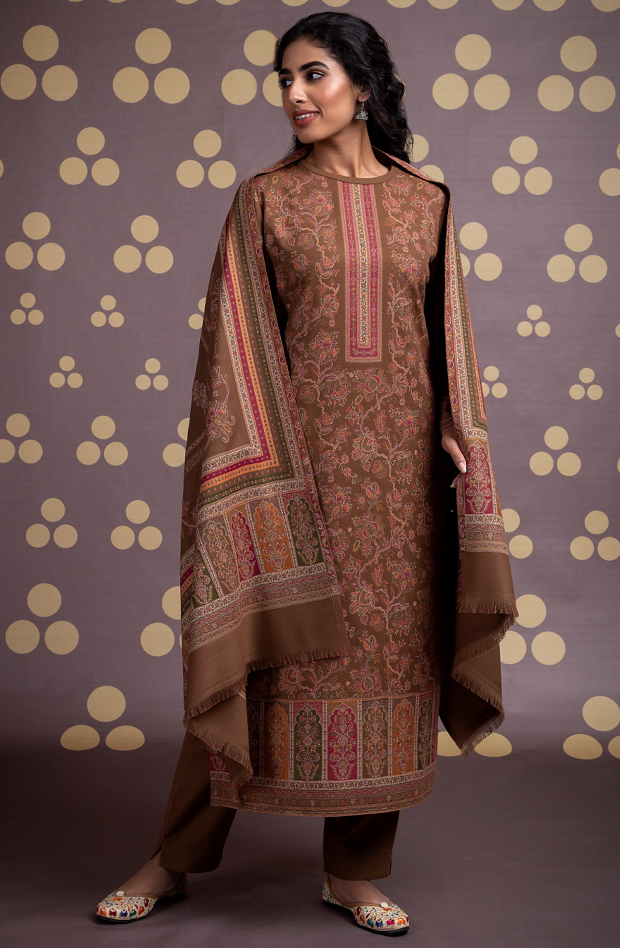 Brown Pure Pashmina Unstitched Salwaar Suit - 1000-0332A