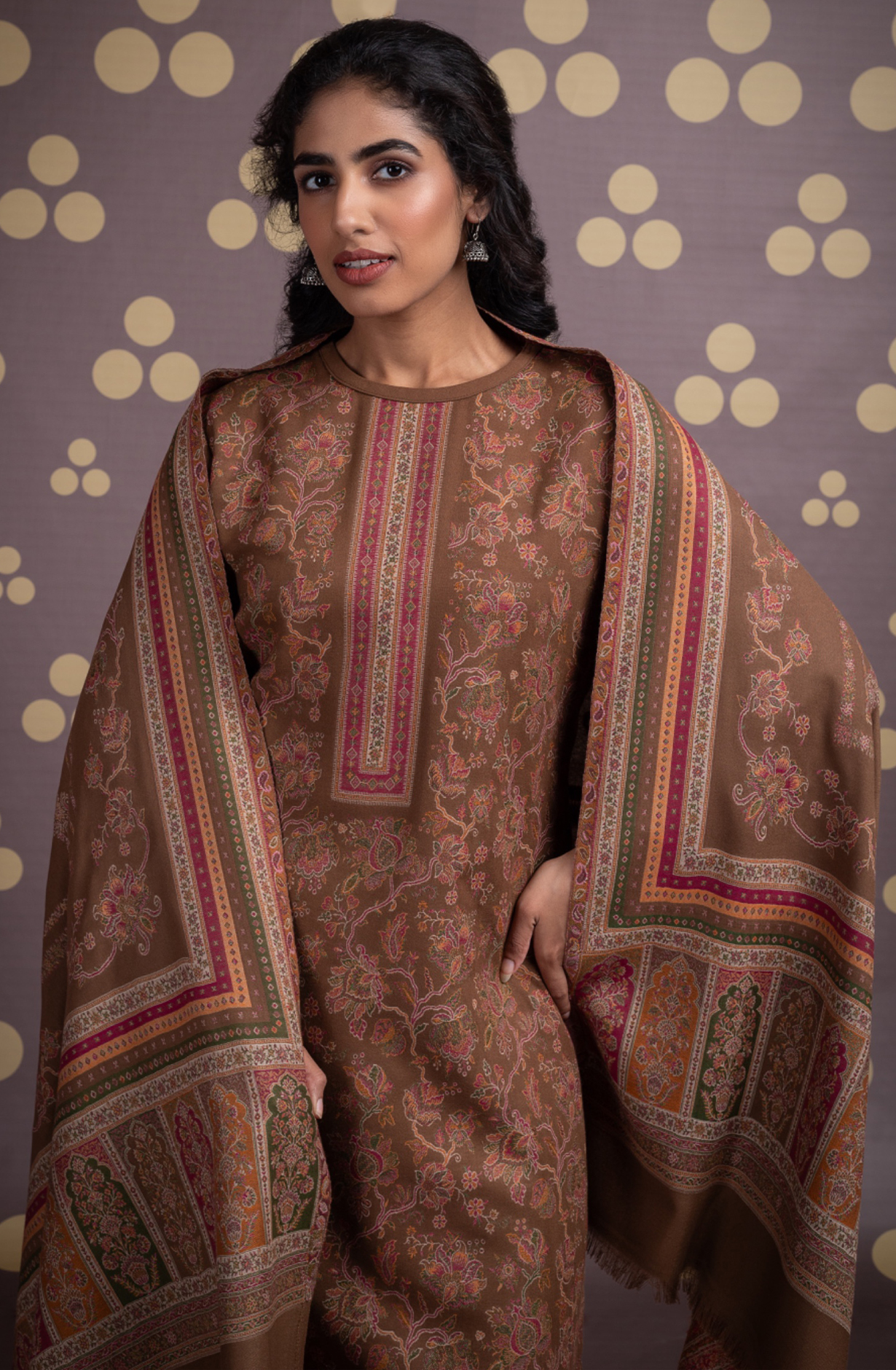 Brown Pure Pashmina Unstitched Salwaar Suit - 1000-0332A