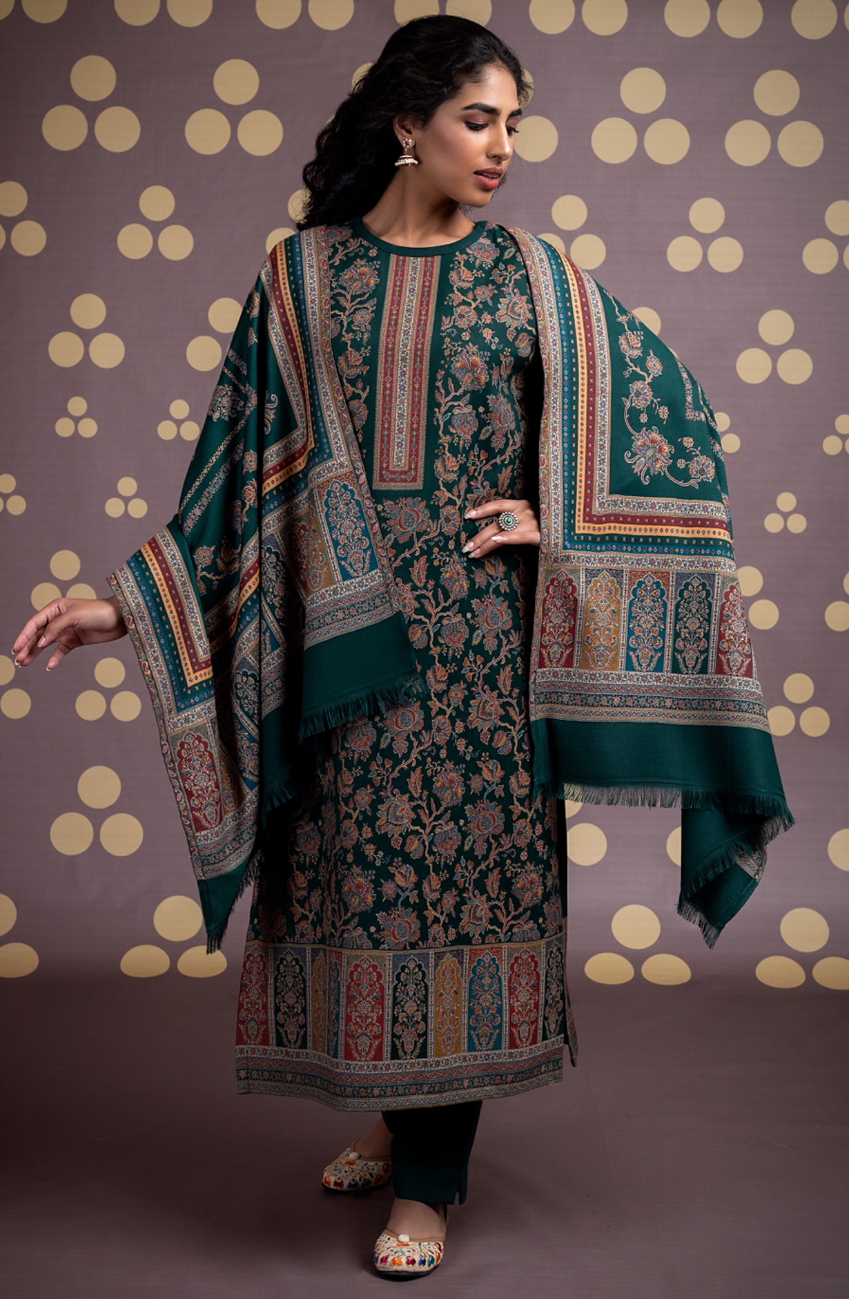 Bottle Green Pure Pashmina Unstitched Salwaar Suit - 1000-0332B