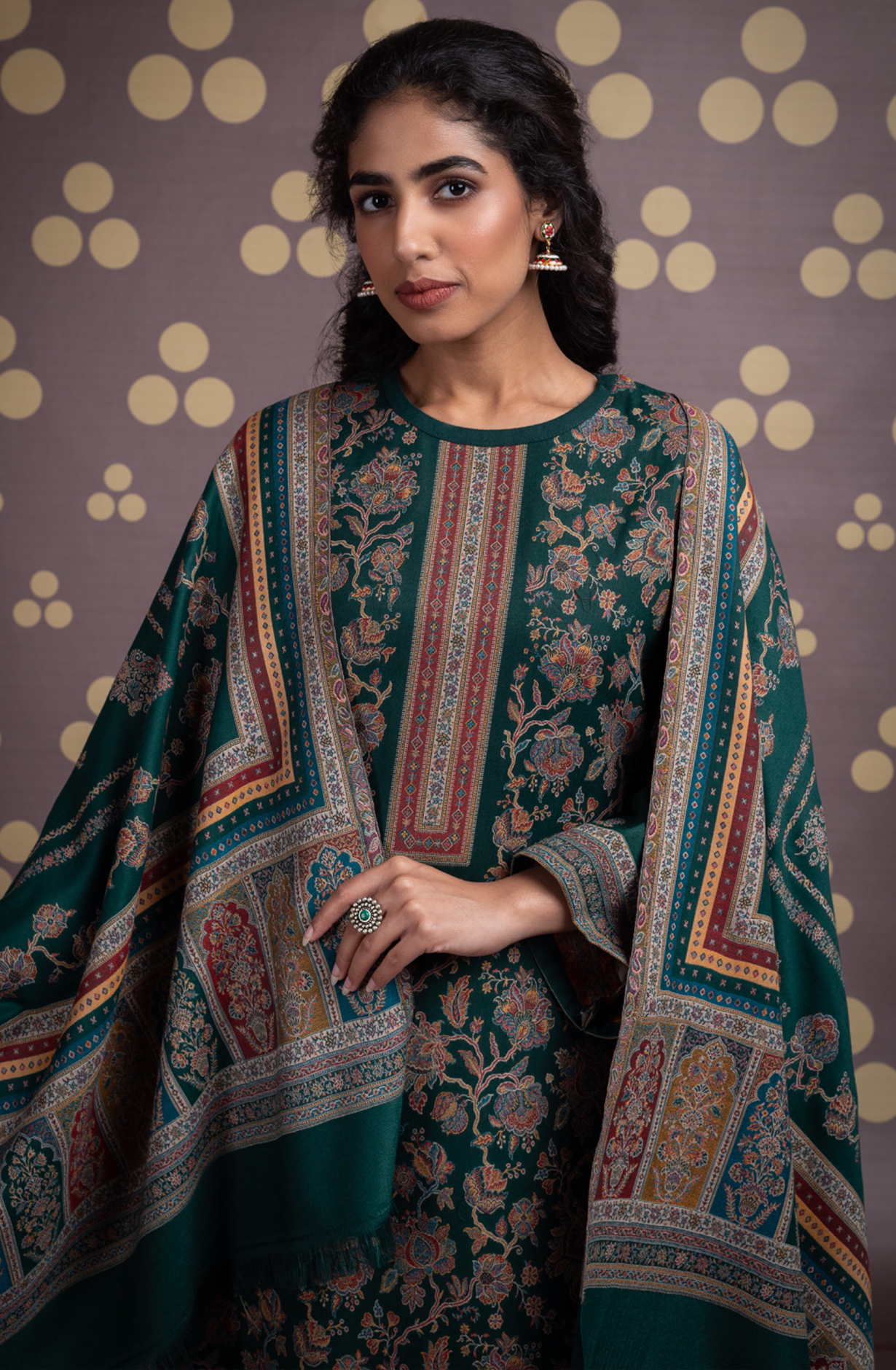 Bottle Green Pure Pashmina Unstitched Salwaar Suit - 1000-0332B