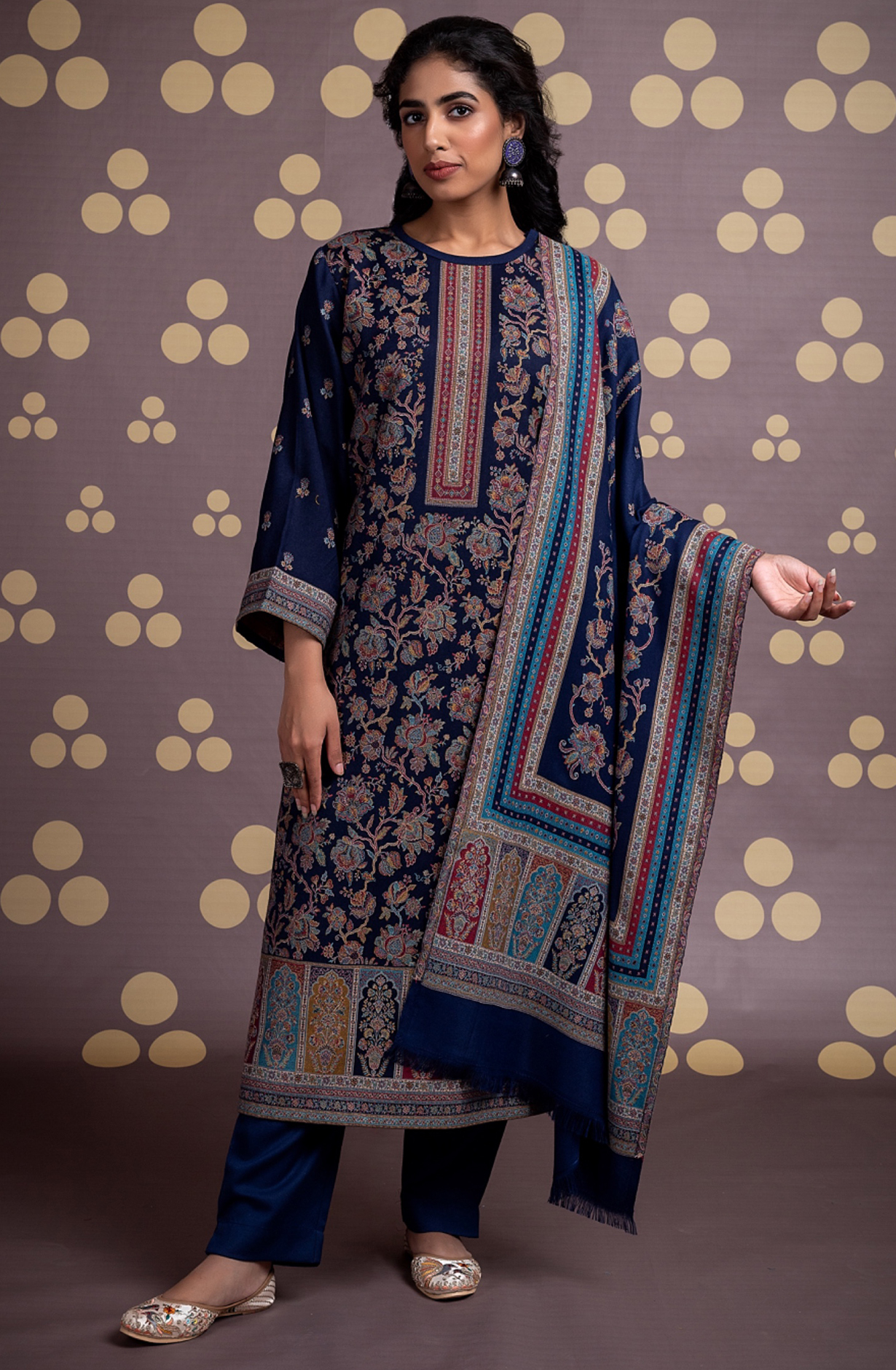 Blue Pure Pashmina Unstitched Salwaar Suit - 1000-0332C