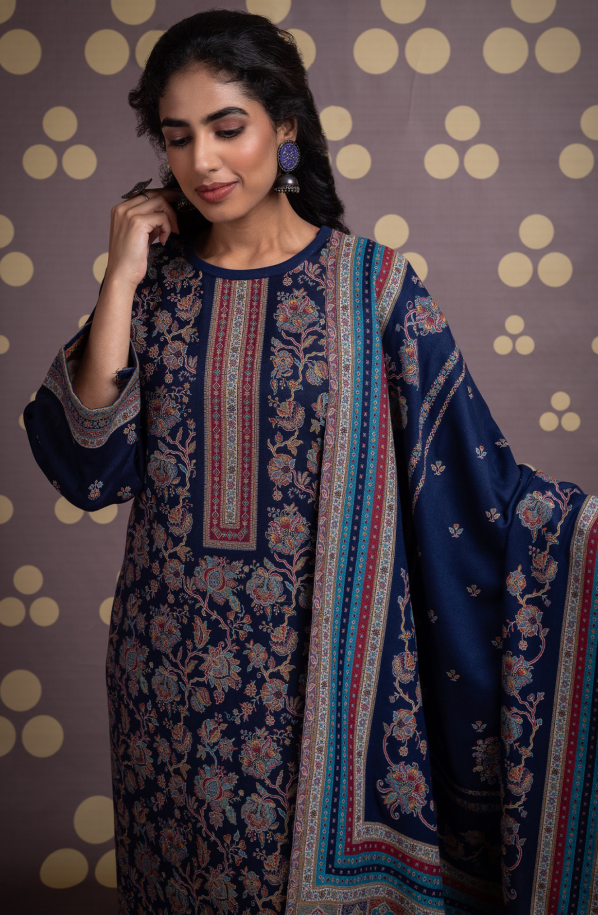 Blue Pure Pashmina Unstitched Salwaar Suit - 1000-0332C