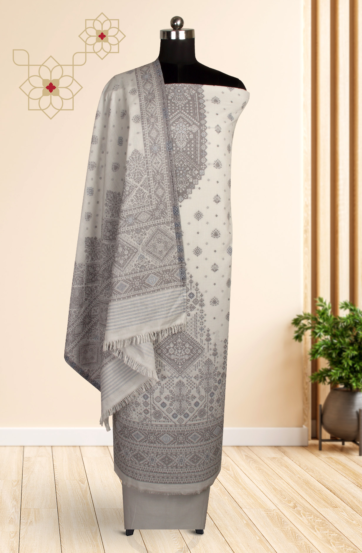 Grey Cotton Jacquard Unstitched Salwar Suit Dupatta - 1000-8014