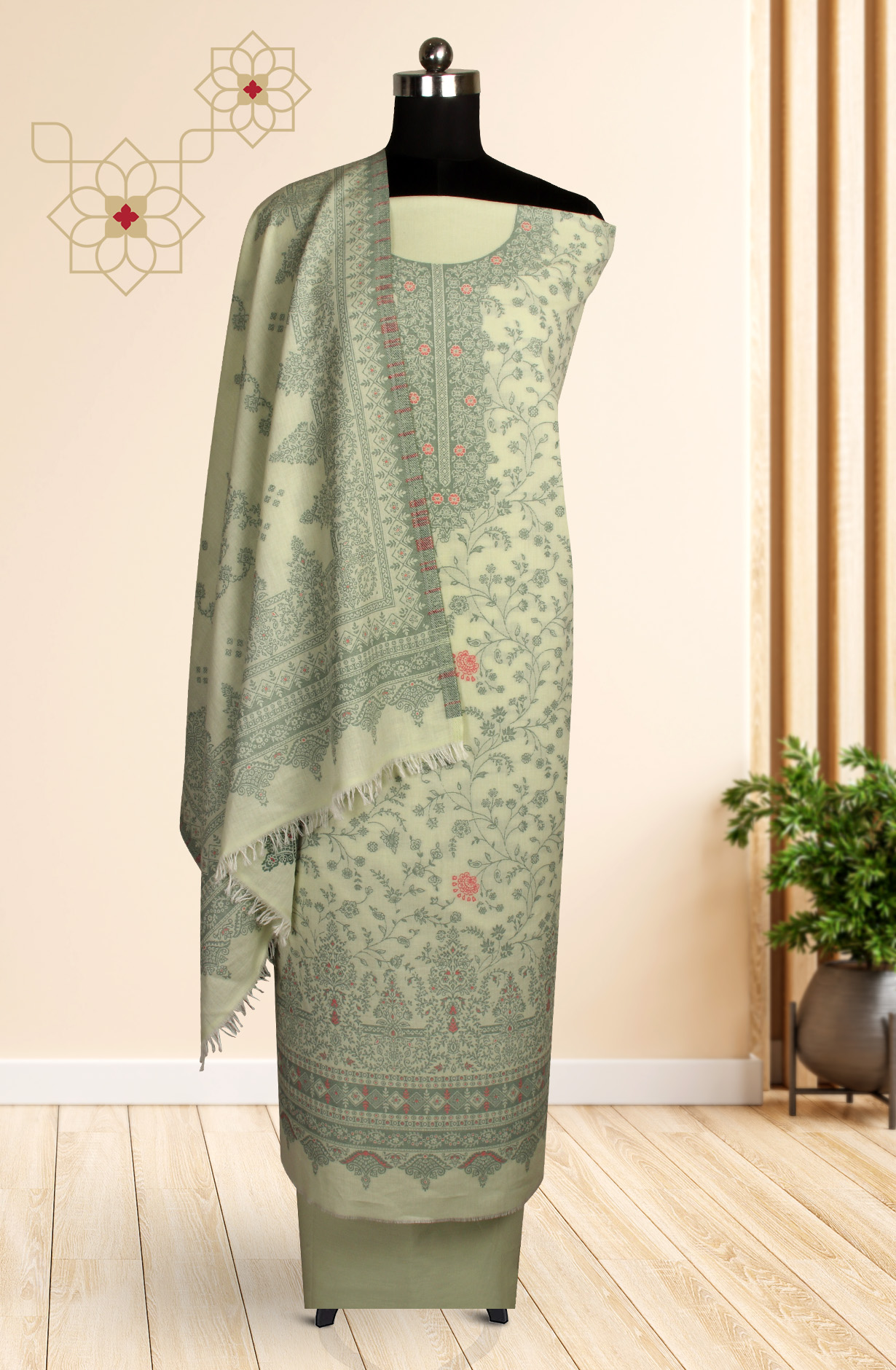 Parrot Green Cotton Jacquard Unstitched Salwar Suit Dupatta - 1000-8015