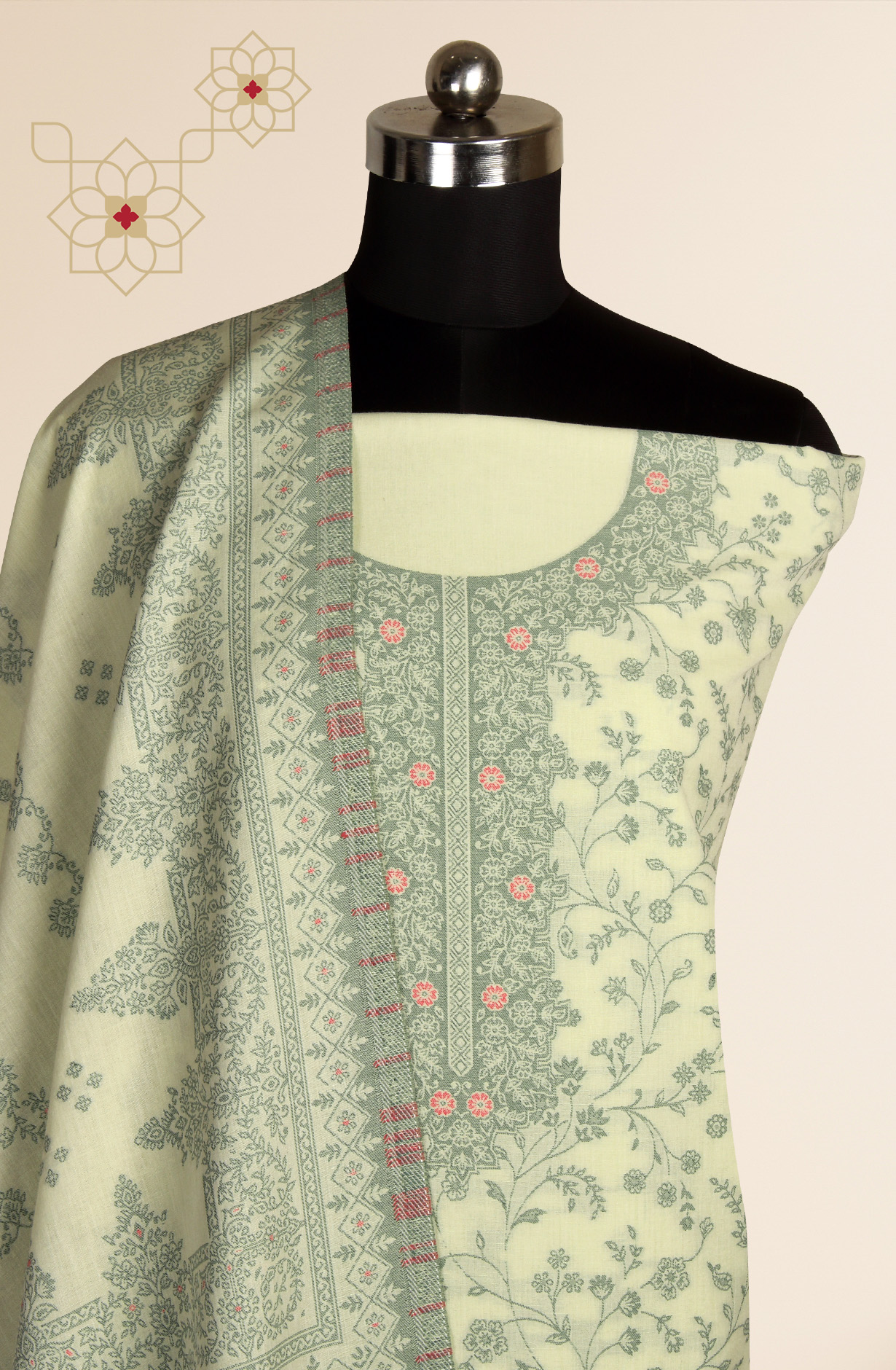 Parrot Green Cotton Jacquard Unstitched Salwar Suit Dupatta - 1000-8015