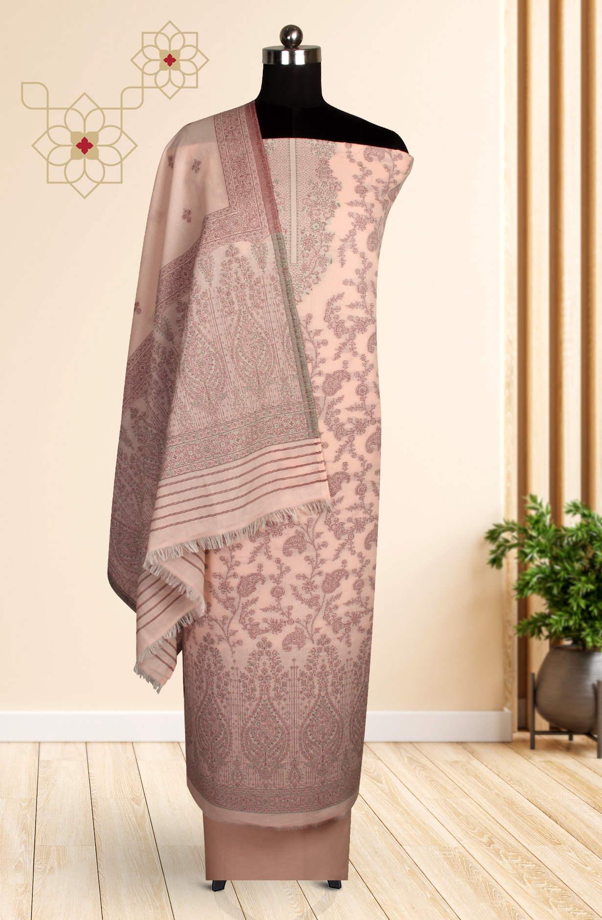 Peach Cotton Jacquard Unstitched Salwar Kameez Dupatta - 1000-8017E