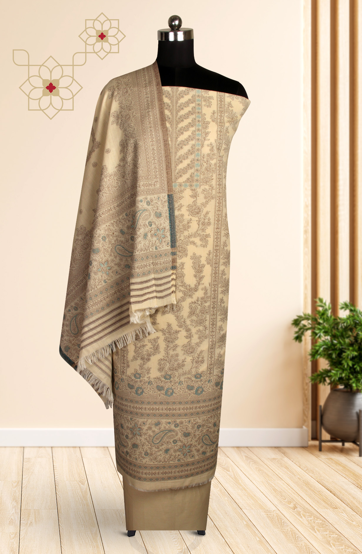 Beige Cotton Jacquard Unstitched Salwar Suit Dupatta - 1000-8018A
