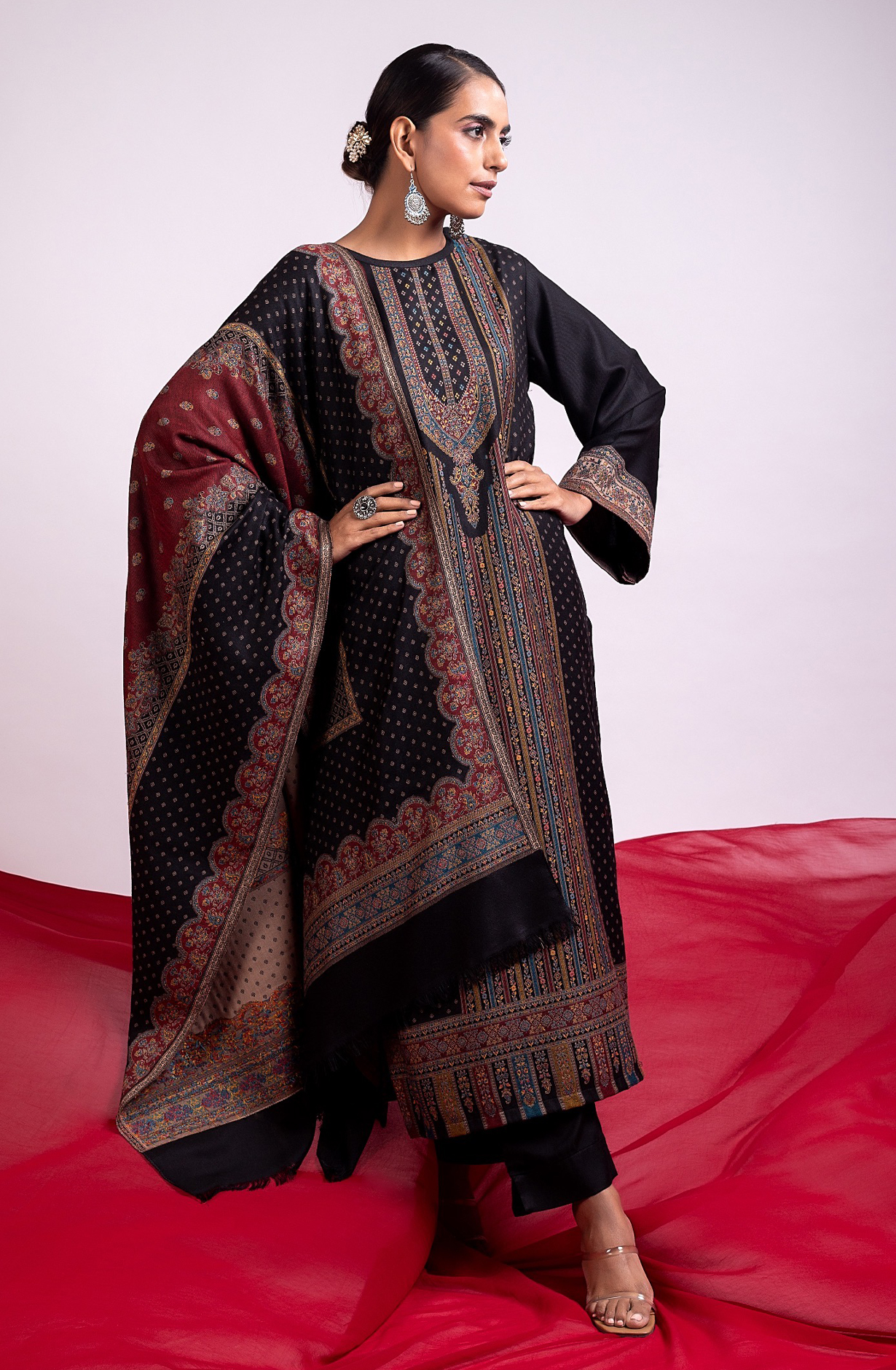 Black Pashmina Winter Wear Unstitched Salwar Suit with Stole Dupatta - 1000-8031