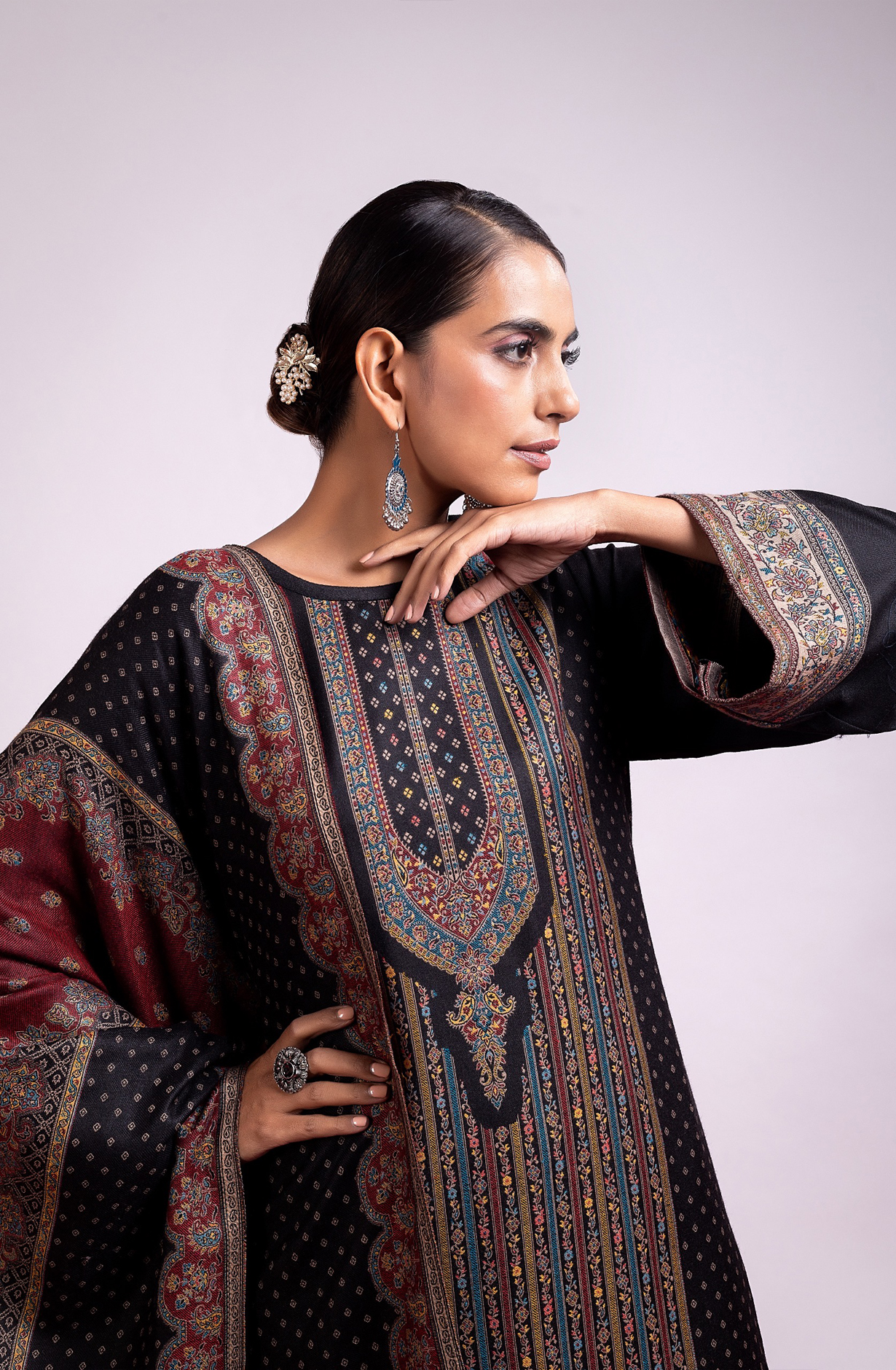 Black Pashmina Winter Wear Unstitched Salwar Suit with Stole Dupatta - 1000-8031