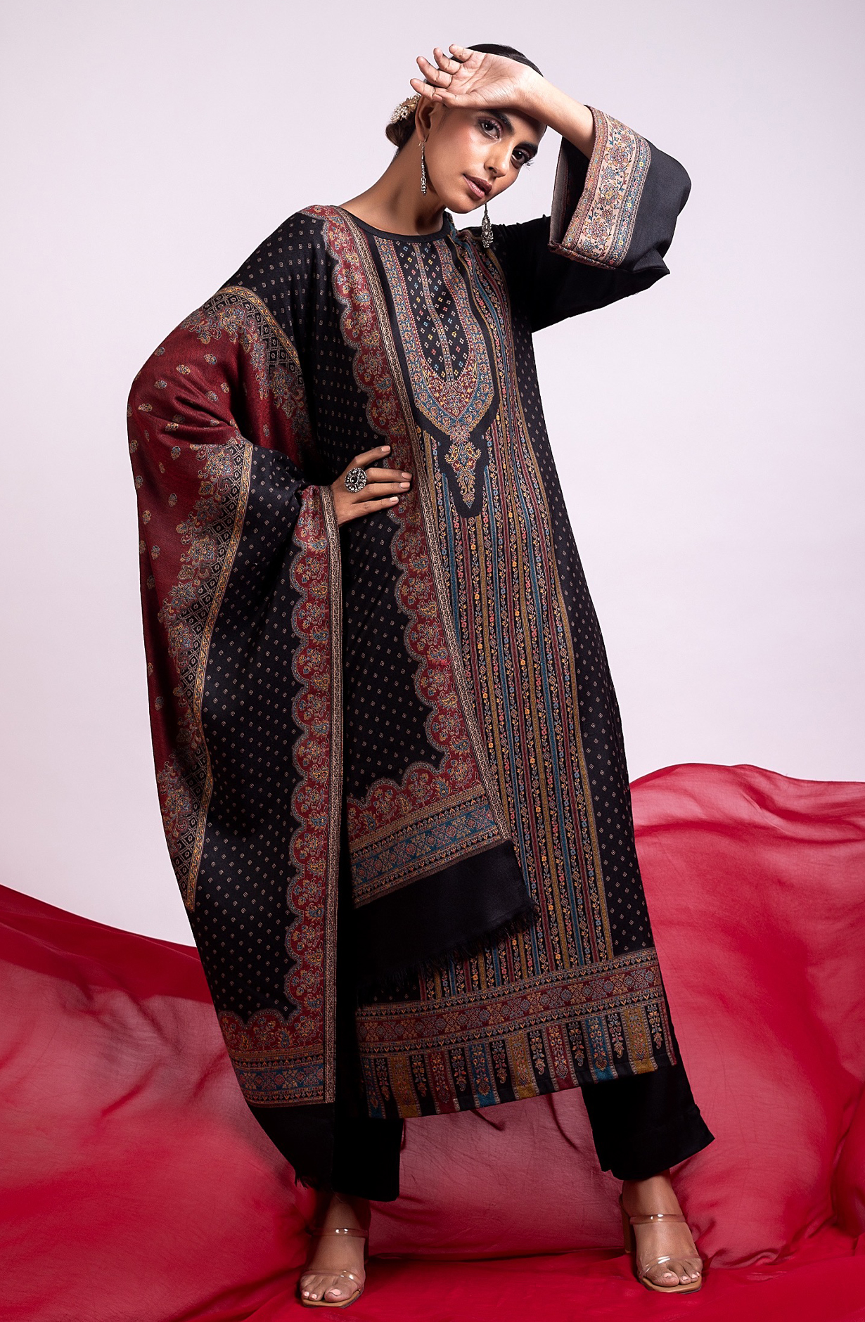 Black Pashmina Winter Wear Unstitched Salwar Suit with Stole Dupatta - 1000-8031