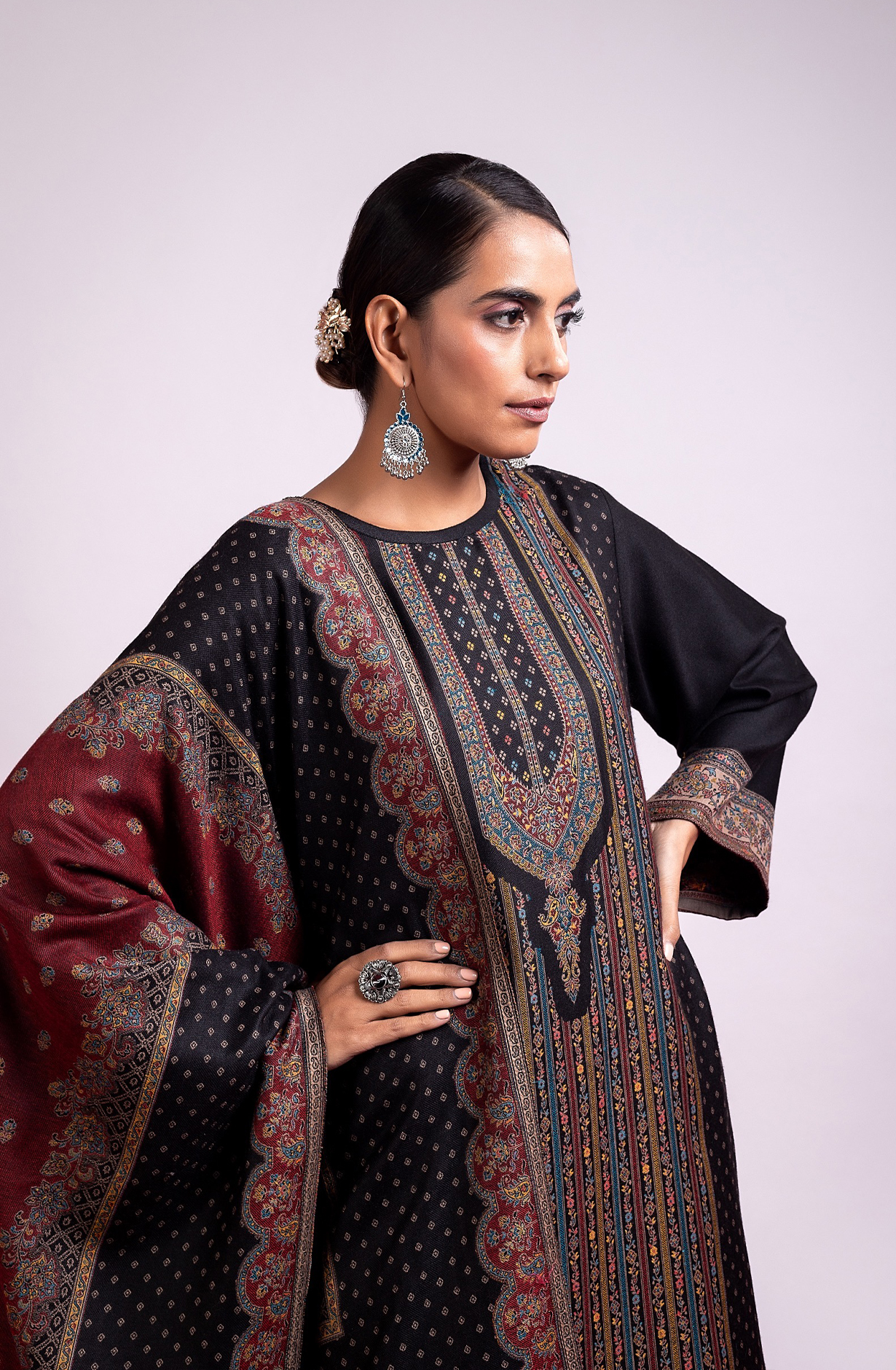 Black Pashmina Winter Wear Unstitched Salwar Suit with Stole Dupatta - 1000-8031